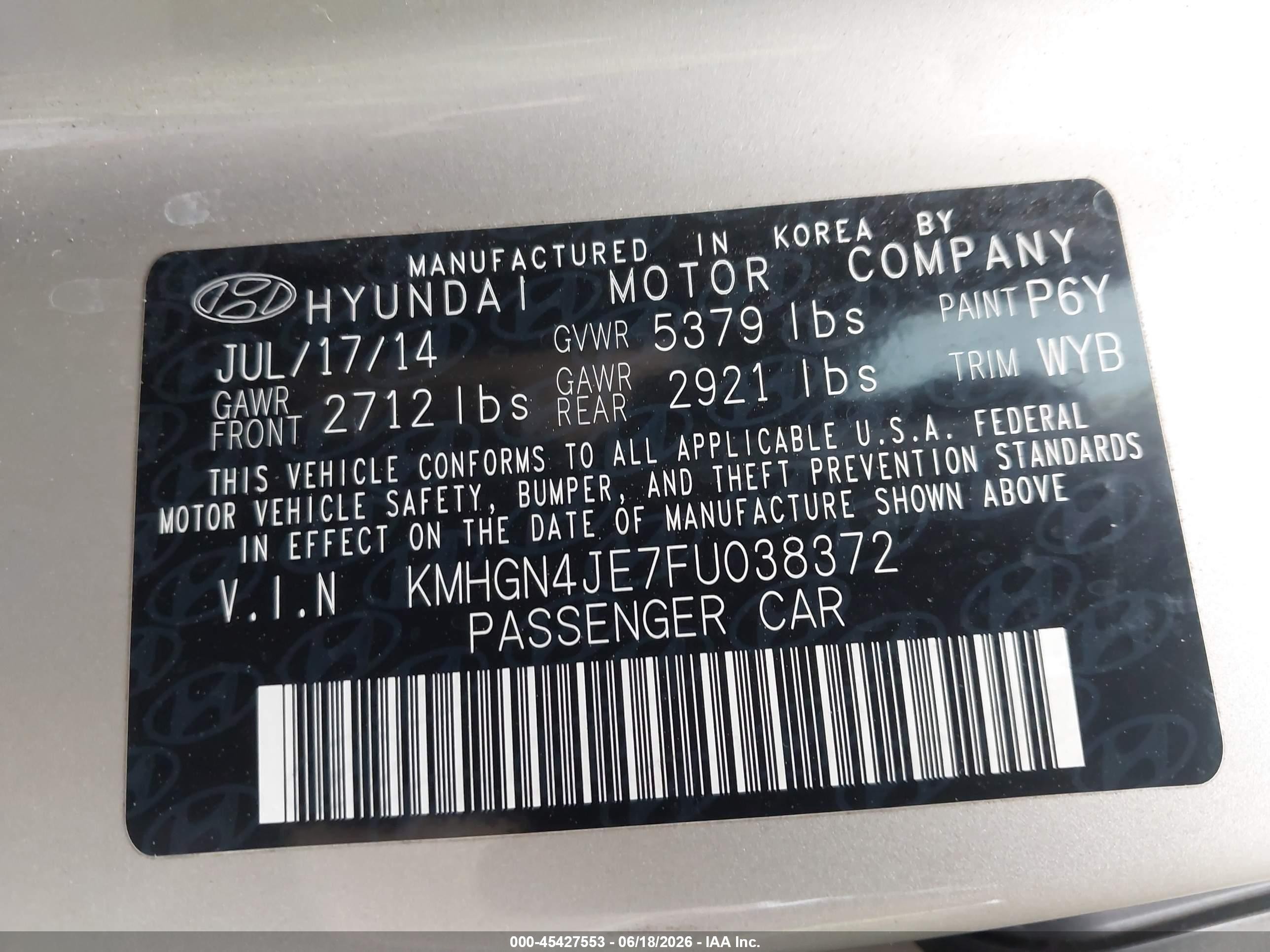 2015 Hyundai Genesis 3.8 Gold vin: KMHGN4JE7FU038372