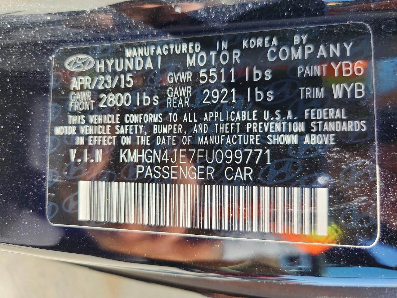 2015 Hyundai Genesis 3.8l Черный vin: KMHGN4JE7FU099771