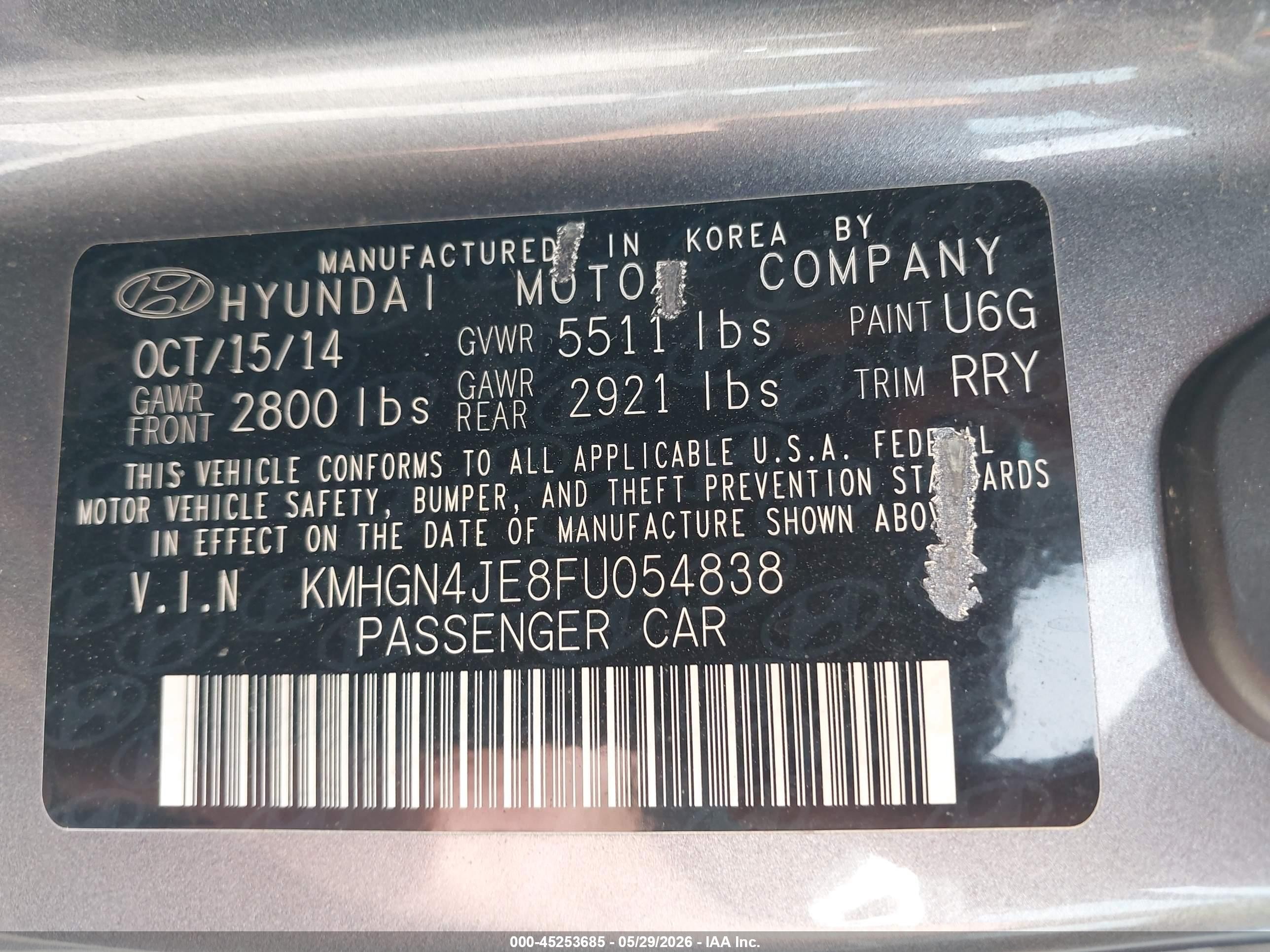 2015 Hyundai Genesis 3.8 Gray vin: KMHGN4JE8FU054838