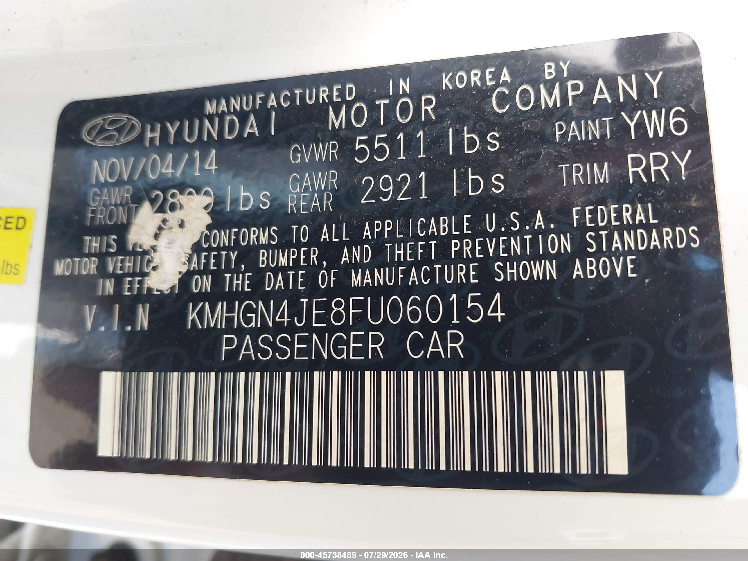 2015 Hyundai Genesis 3.8 Белый vin: KMHGN4JE8FU060154