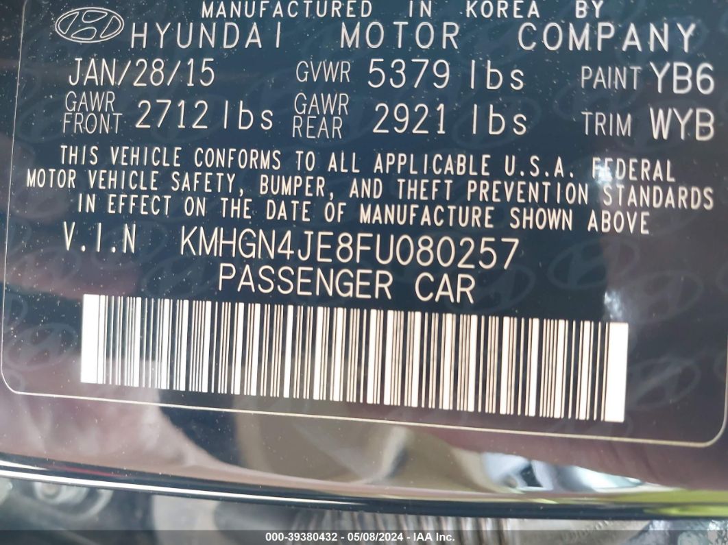 2015 Hyundai Genesis 3.8 Black vin: KMHGN4JE8FU080257