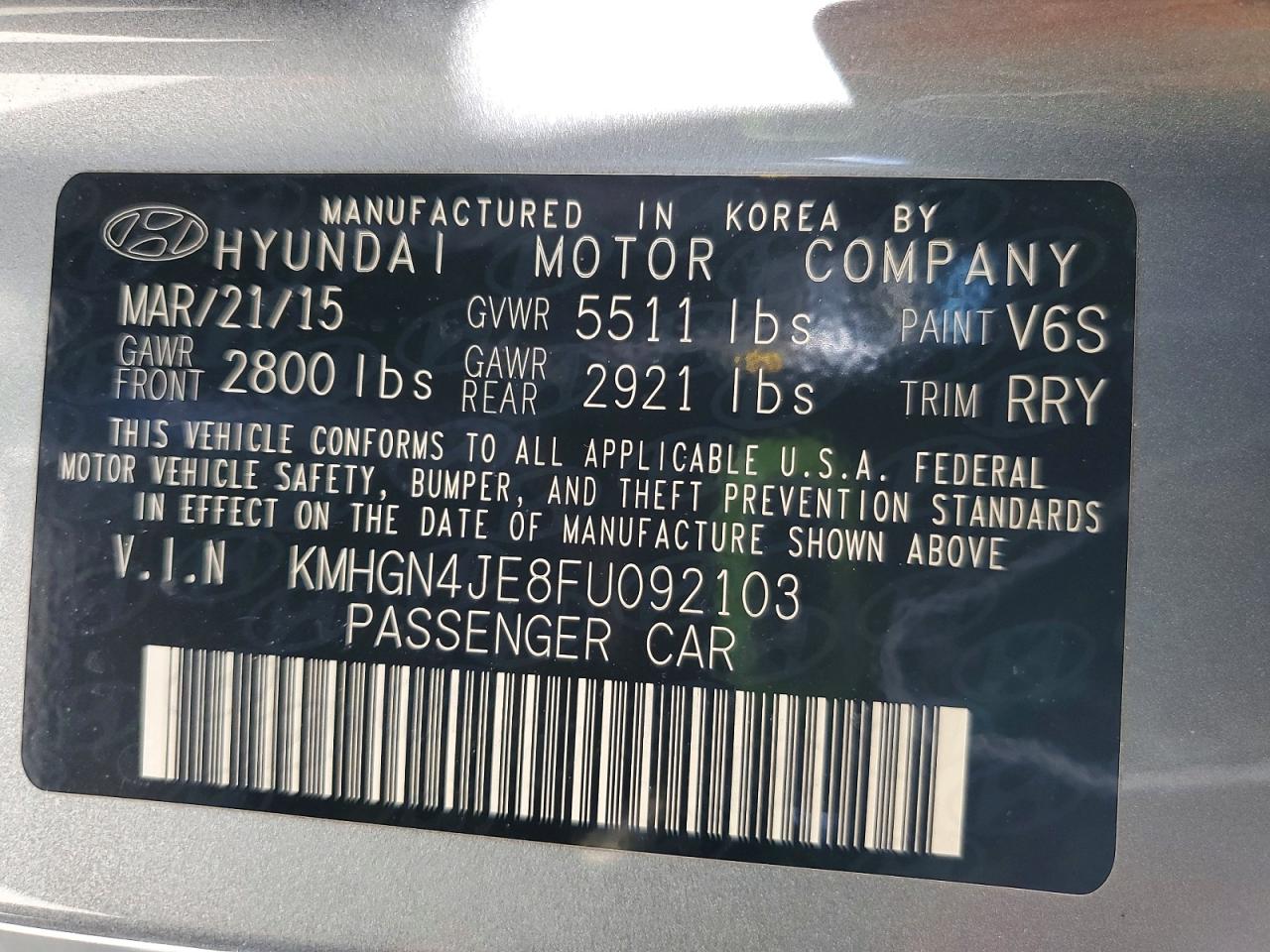 2015 Hyundai Genesis 3.8l Серый vin: KMHGN4JE8FU092103