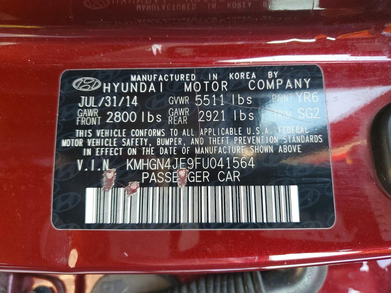 2015 Hyundai Genesis 3.8l Red vin: KMHGN4JE9FU041564