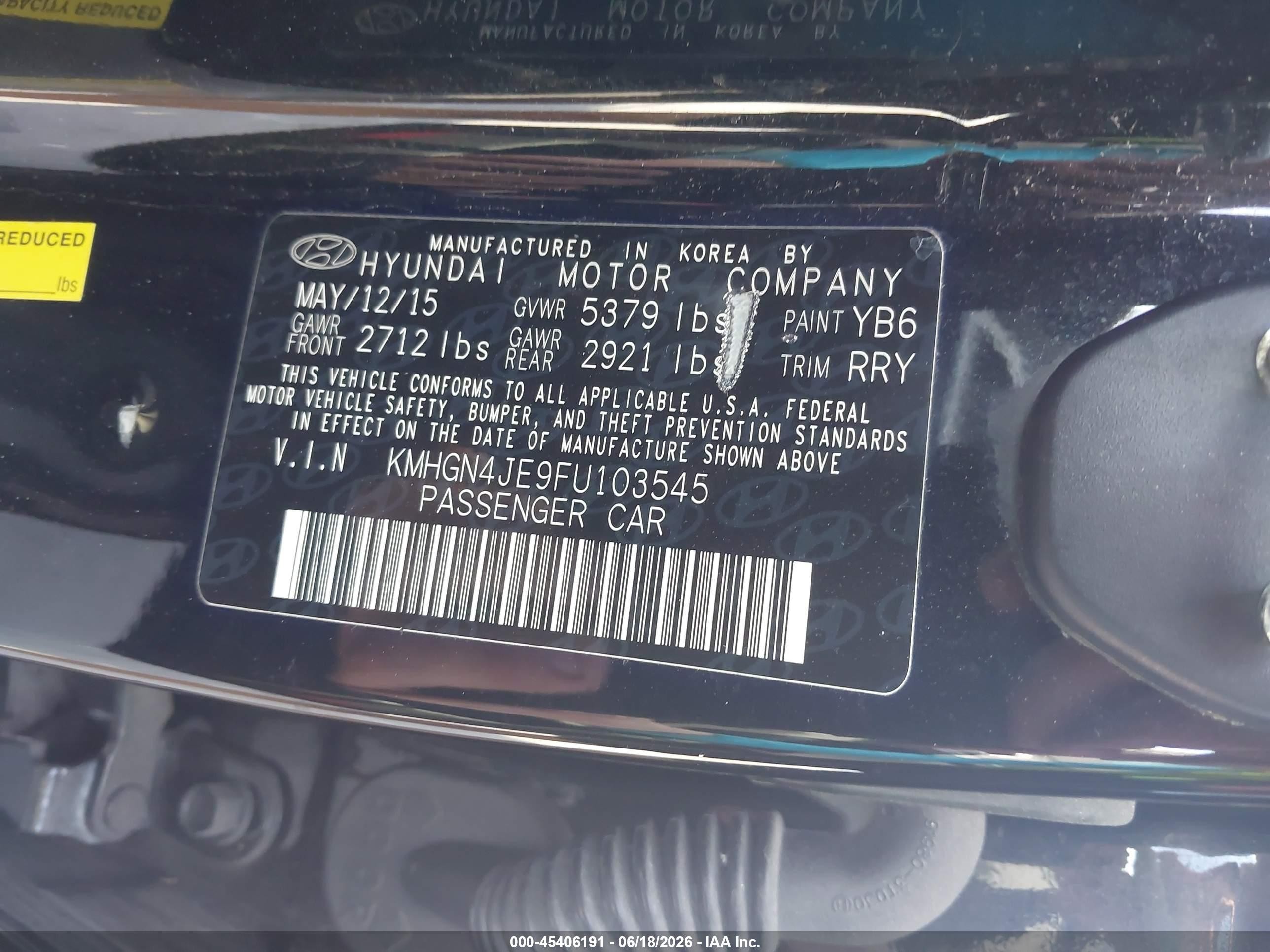 2015 Hyundai Genesis 3.8 Black vin: KMHGN4JE9FU103545