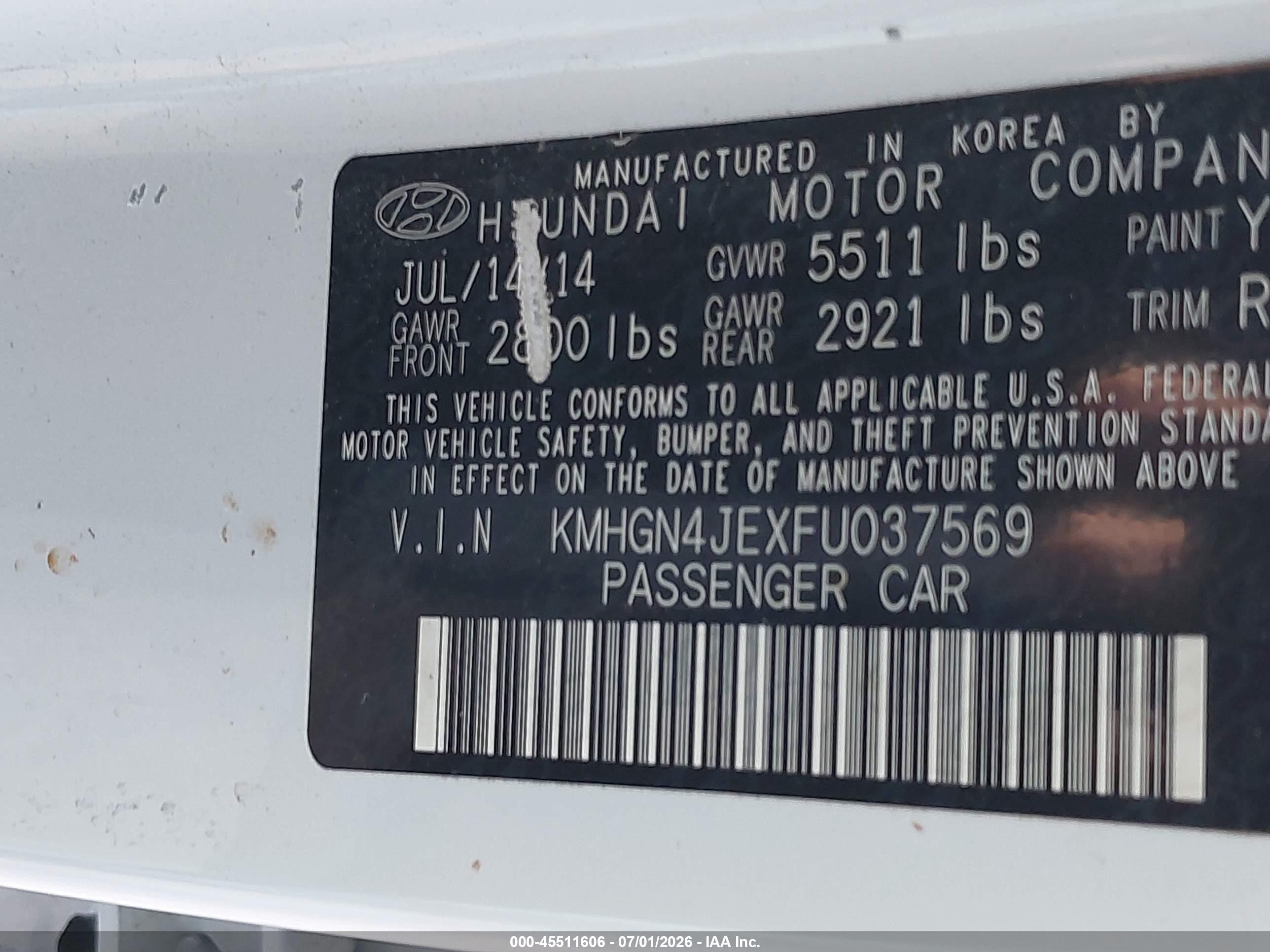 2015 Hyundai Genesis 3.8 Белый vin: KMHGN4JEXFU037569