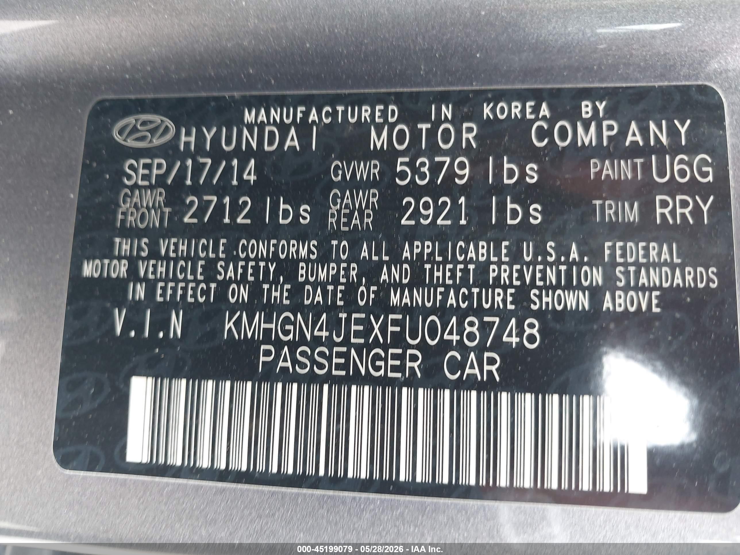 2015 Hyundai Genesis 3.8 Серый vin: KMHGN4JEXFU048748