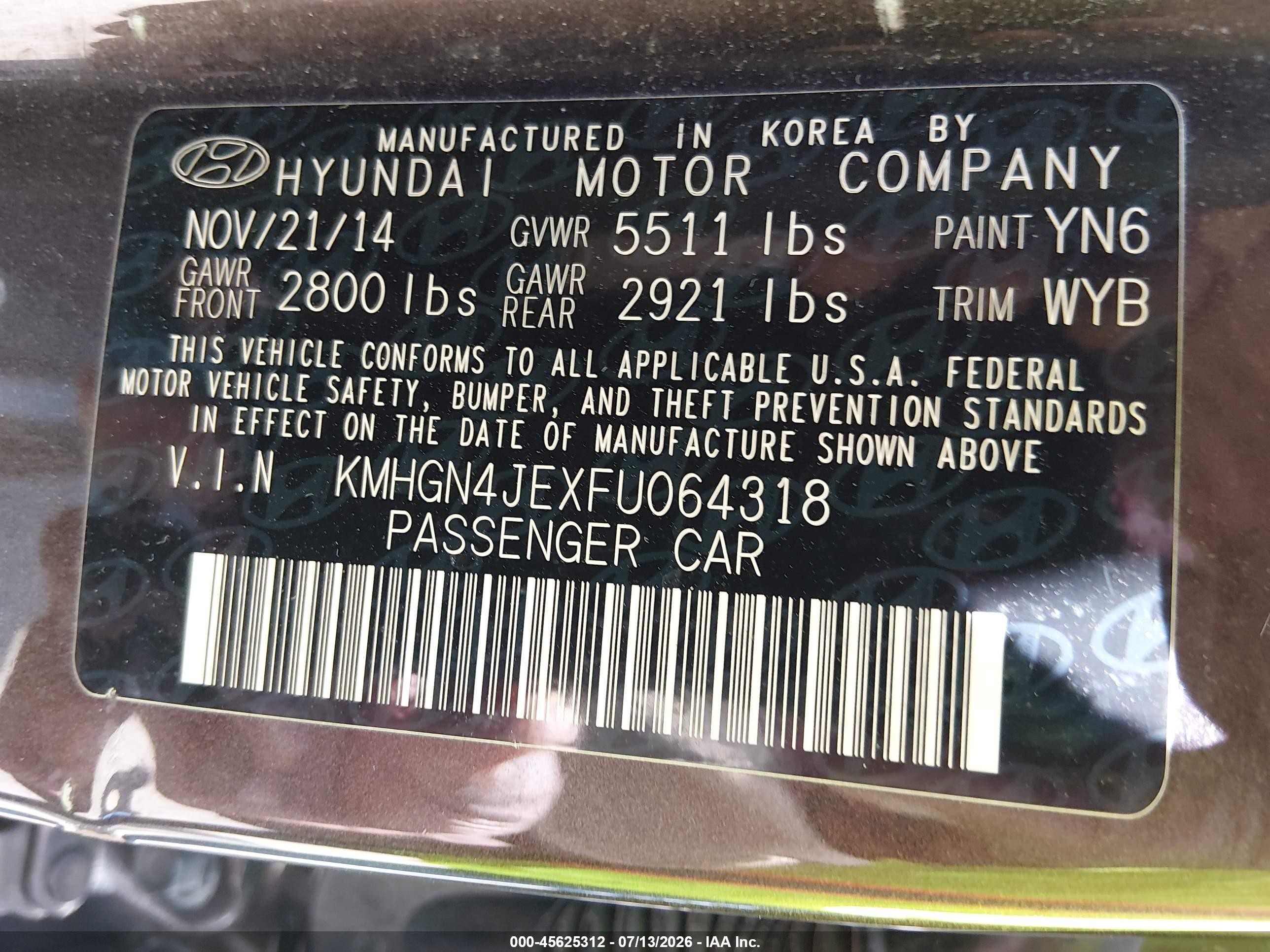 2015 Hyundai Genesis 3.8 Champagne vin: KMHGN4JEXFU064318