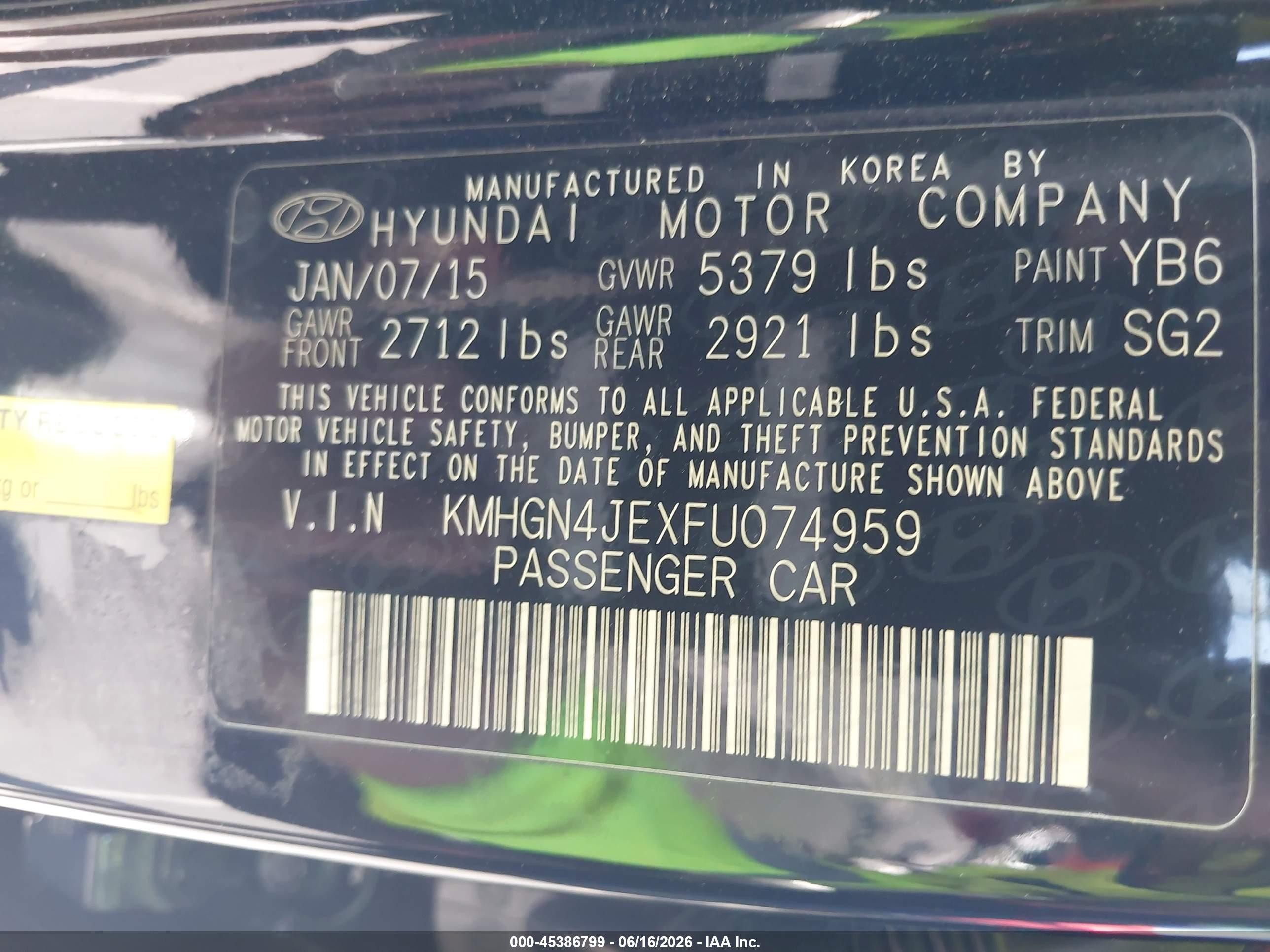 2015 Hyundai Genesis 3.8 Black vin: KMHGN4JEXFU074959