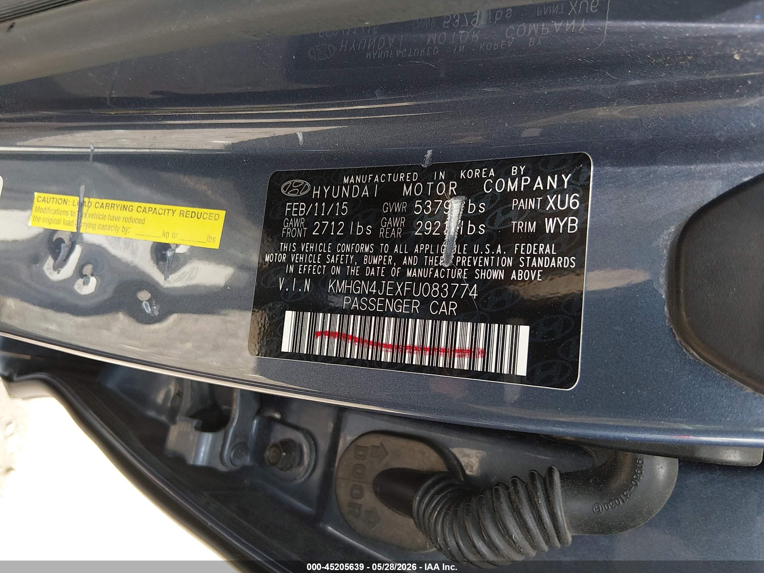 2015 Hyundai Genesis 3.8 Blue vin: KMHGN4JEXFU083774
