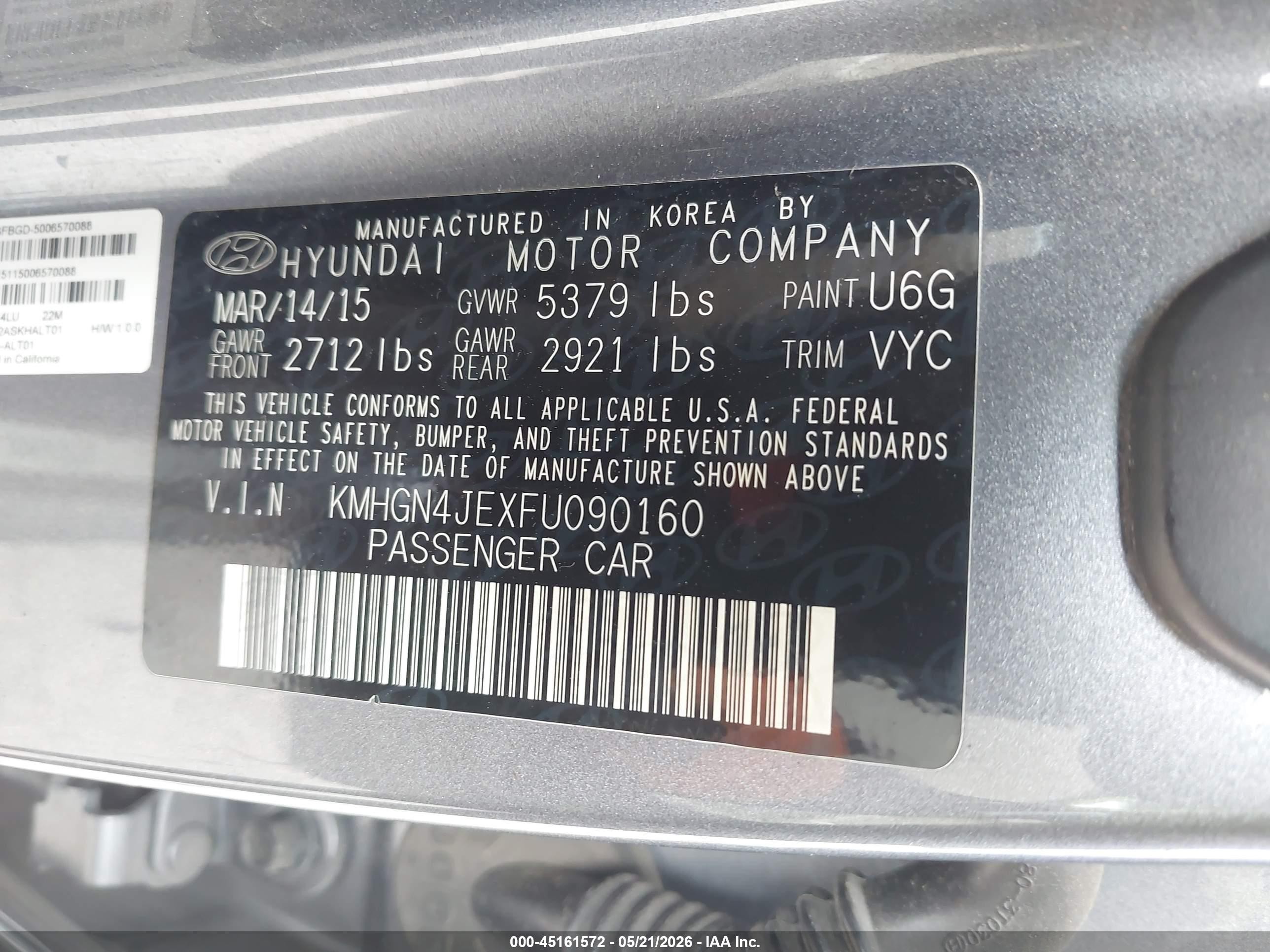 2015 Hyundai Genesis 3.8 Gray vin: KMHGN4JEXFU090160