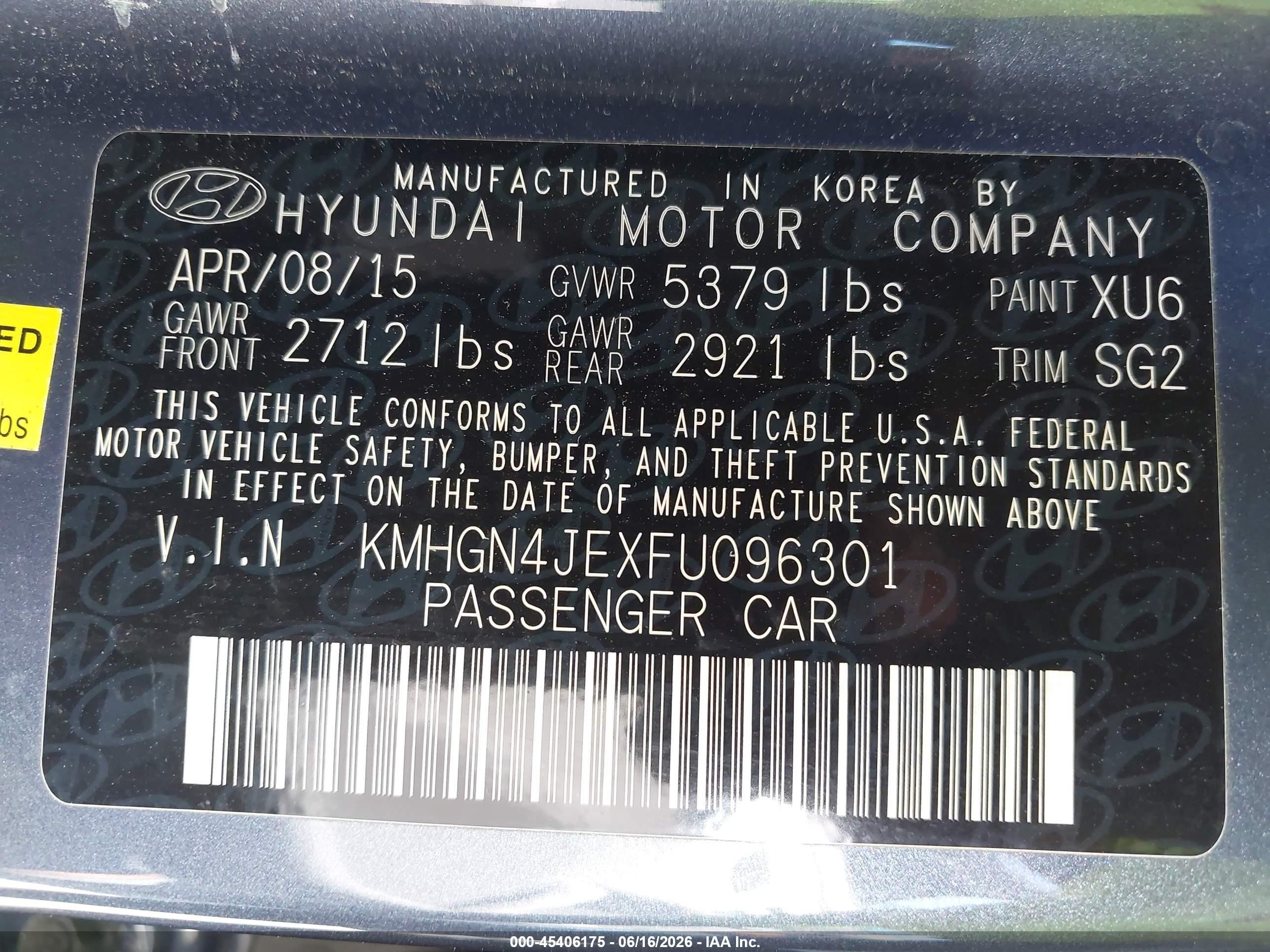 2015 Hyundai Genesis 3.8 Blue vin: KMHGN4JEXFU096301