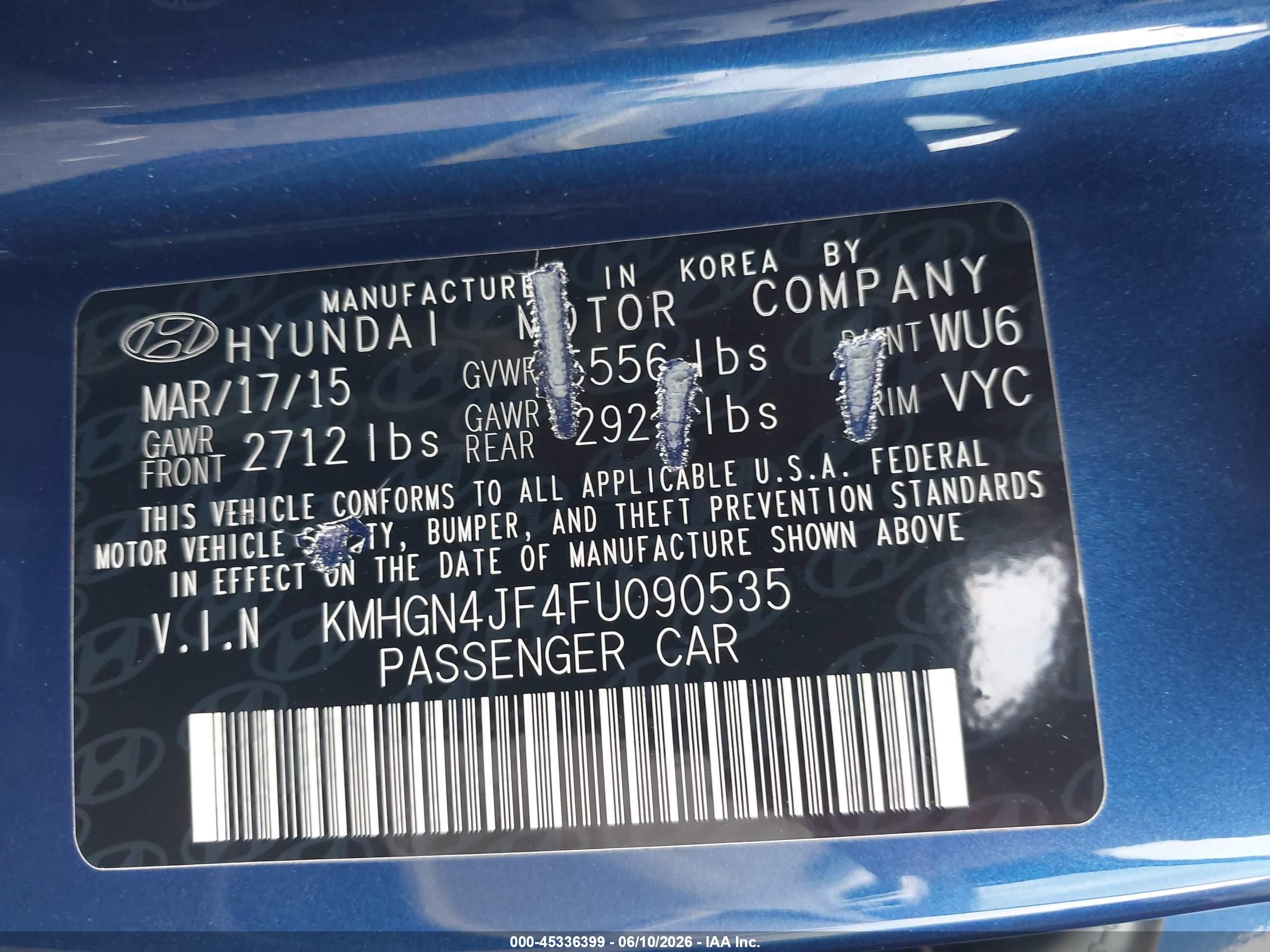 2015 Hyundai Genesis 5.0 Blue vin: KMHGN4JF4FU090535