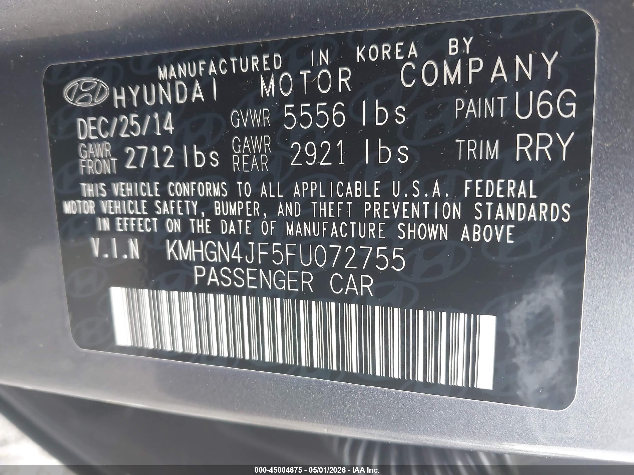 2015 Hyundai Genesis 5.0 Gray vin: KMHGN4JF5FU072755