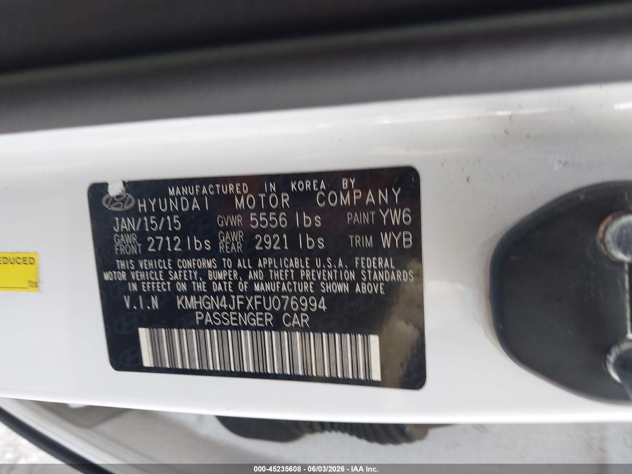 2015 Hyundai Genesis 5.0 White vin: KMHGN4JFXFU076994
