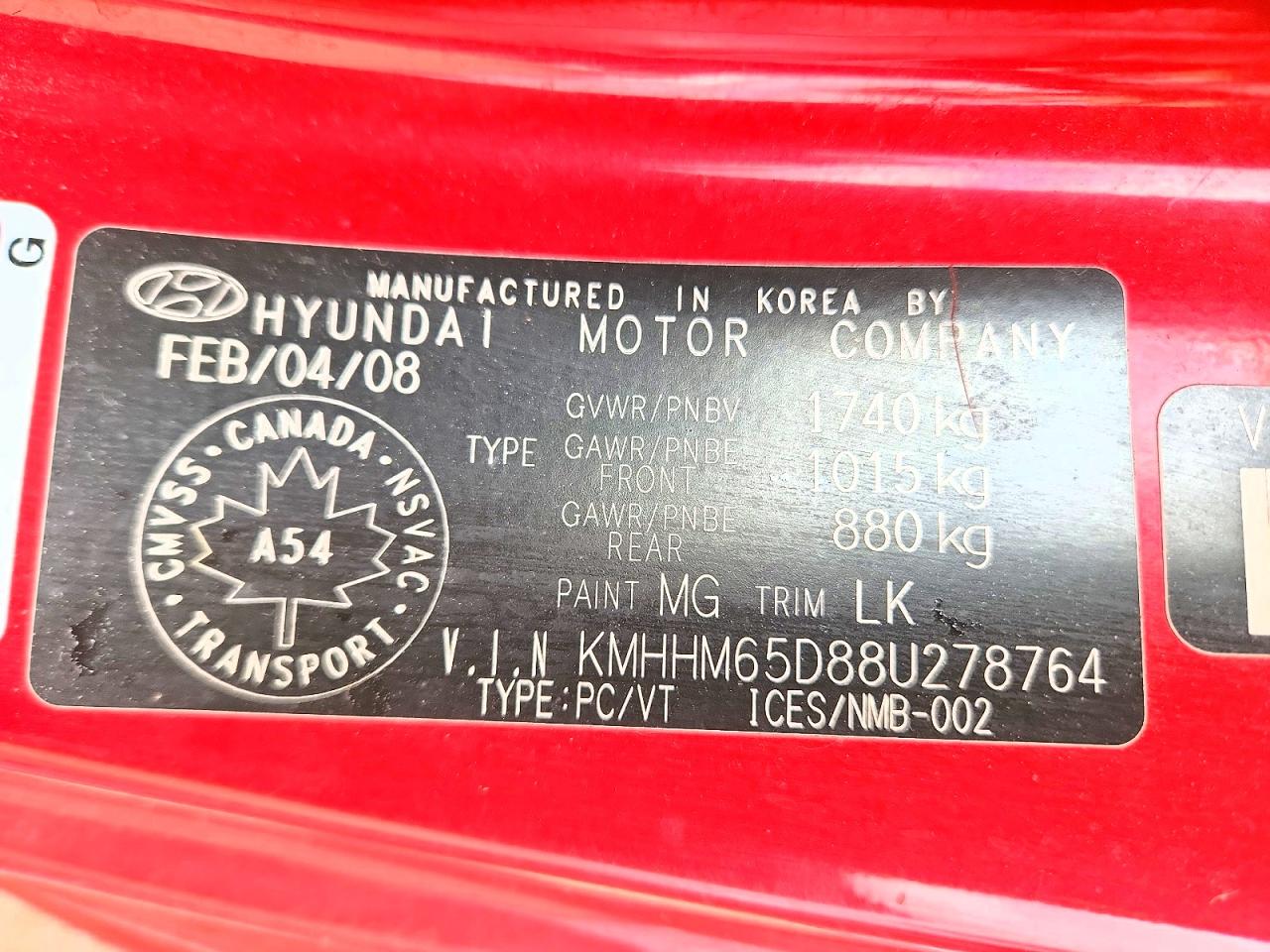 2008 Hyundai Tiburon Gs Red vin: KMHHM65D88U278764