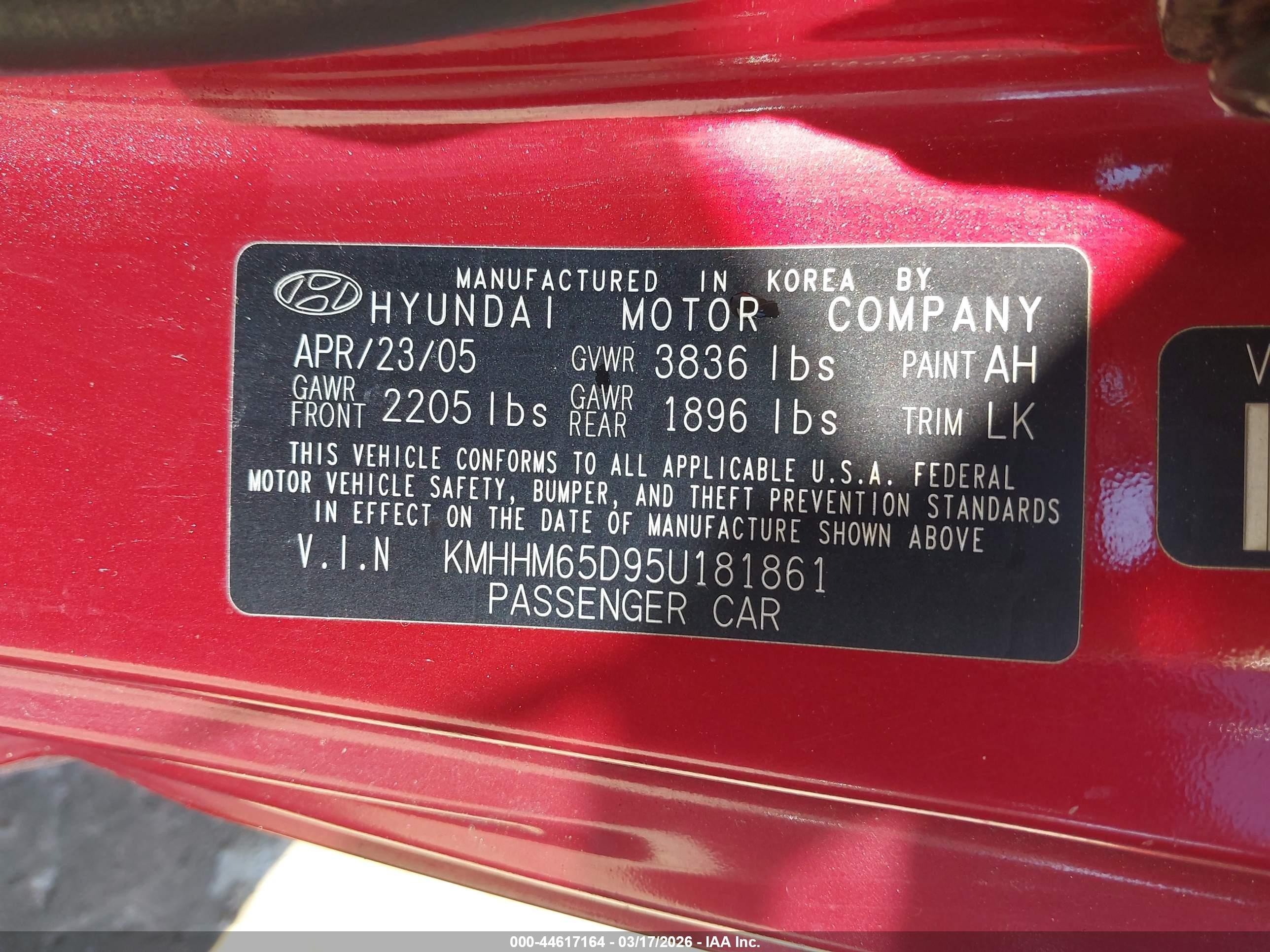 2005 Hyundai Tiburon Gs Red vin: KMHHM65D95U181861
