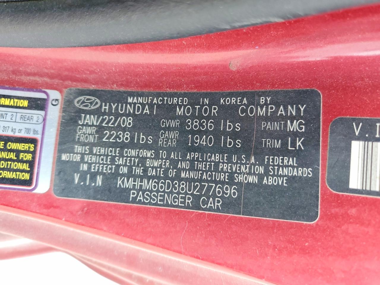 2008 Hyundai Tiburon Red vin: KMHHM66D38U277696