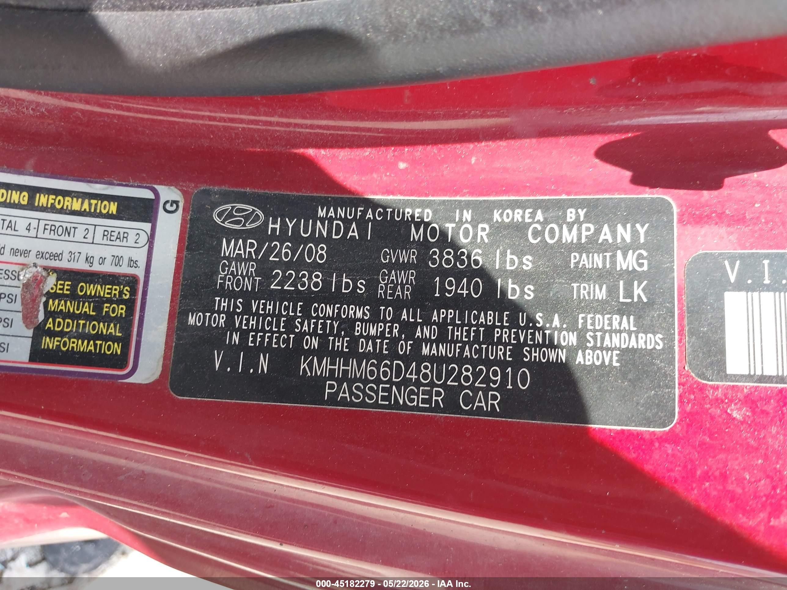 2008 Hyundai Tiburon Gs Red vin: KMHHM66D48U282910