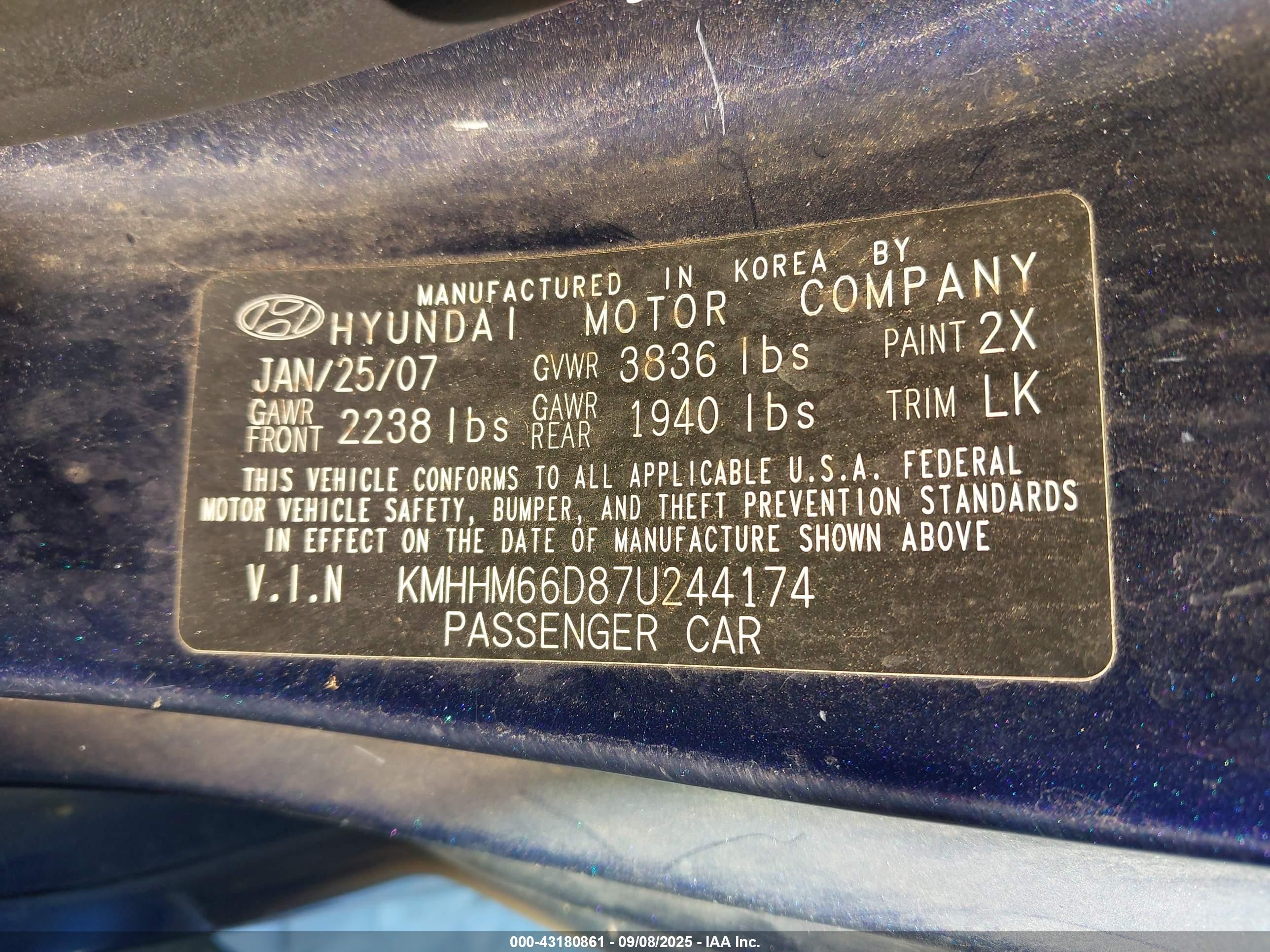 2007 Hyundai Tiburon Gs Blue vin: KMHHM66D87U244174