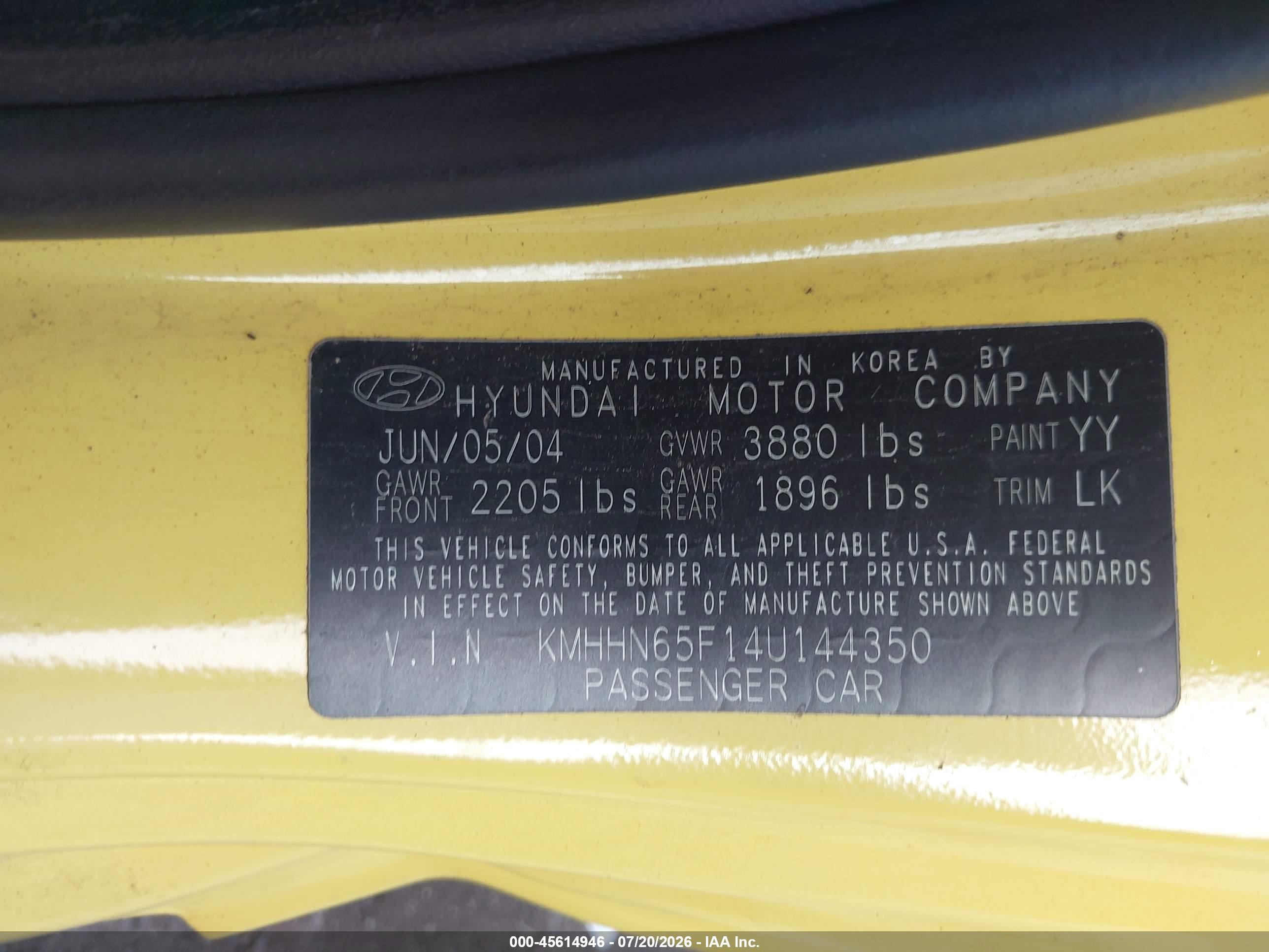 2004 Hyundai Tiburon Gt V6/gt V6 Special Edition Yellow vin: KMHHN65F14U144350