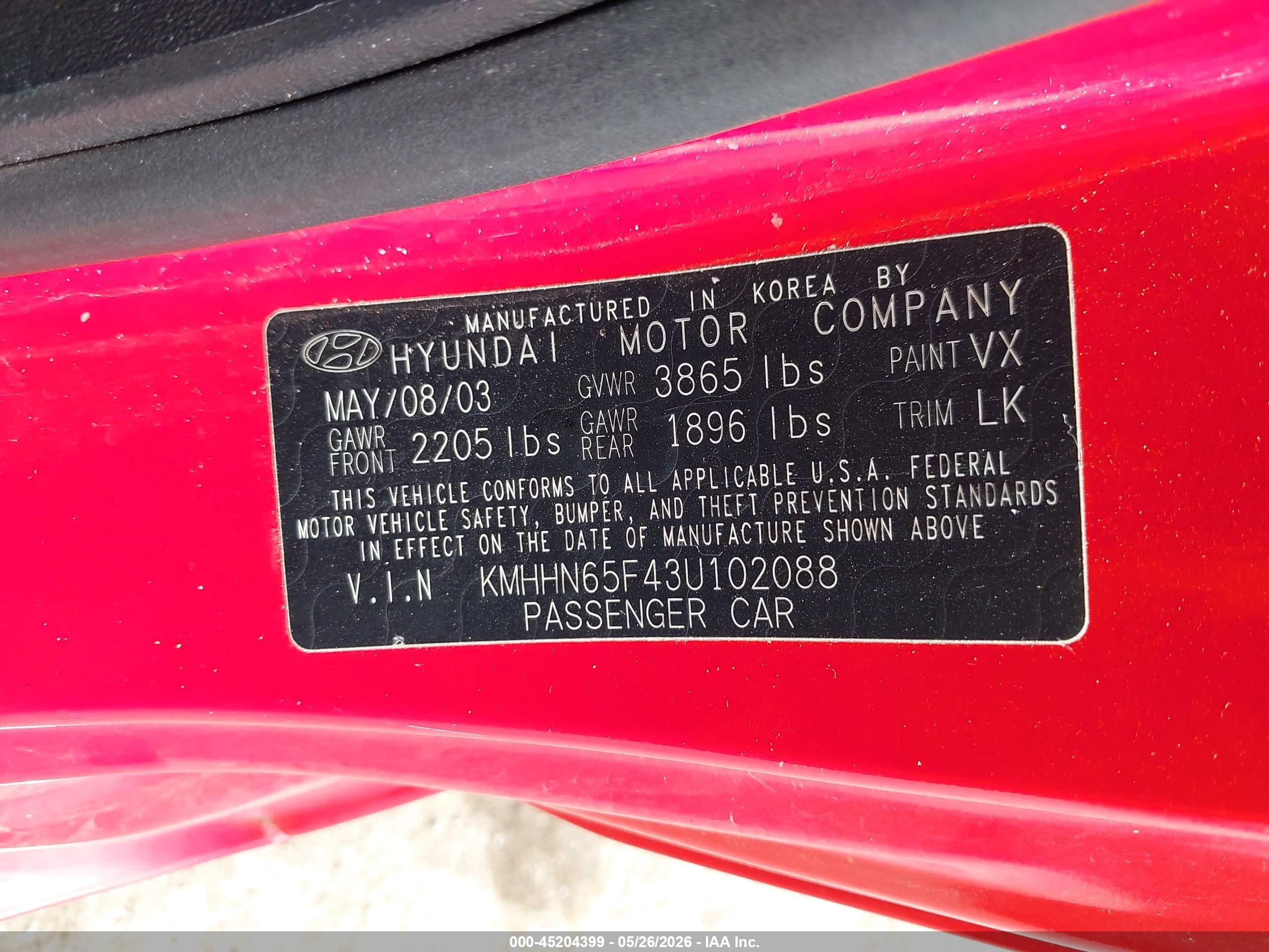 2003 Hyundai Tiburon Gt V6 Red vin: KMHHN65F43U102088