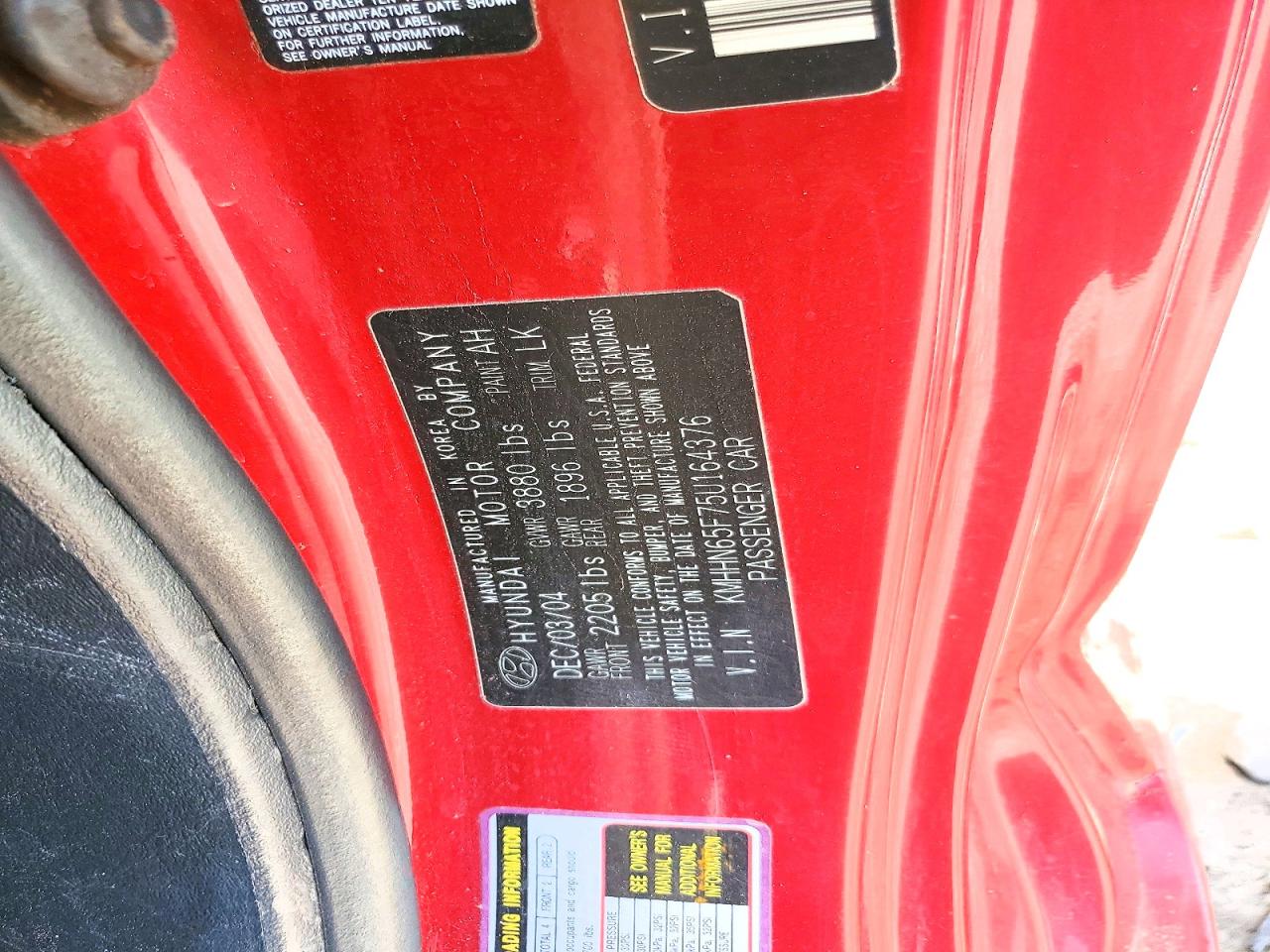 2005 Hyundai Tiburon Gt Red vin: KMHHN65F75U164376
