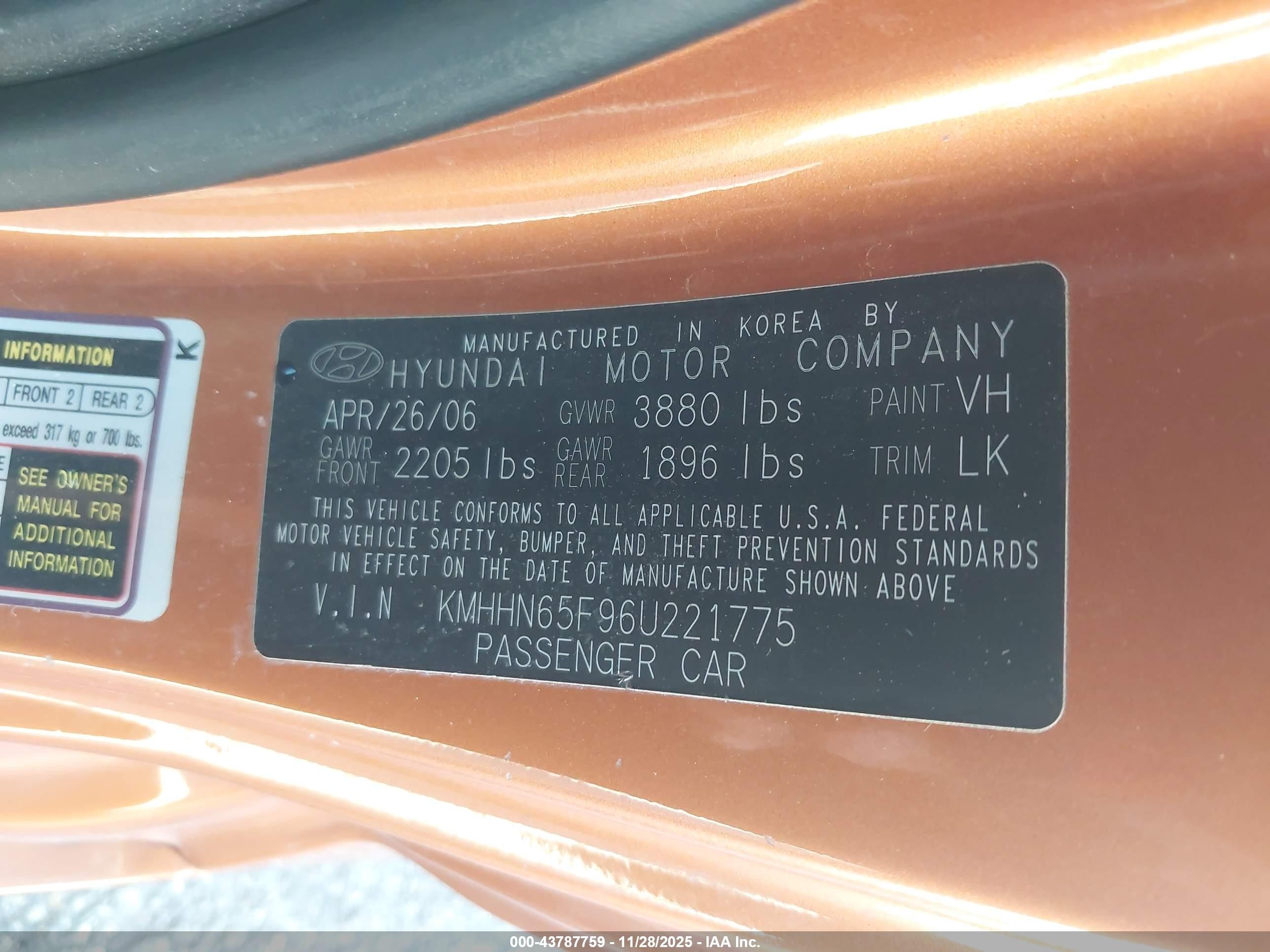 2006 Hyundai Tiburon Gt/gt Limited/se Оранжевый vin: KMHHN65F96U221775