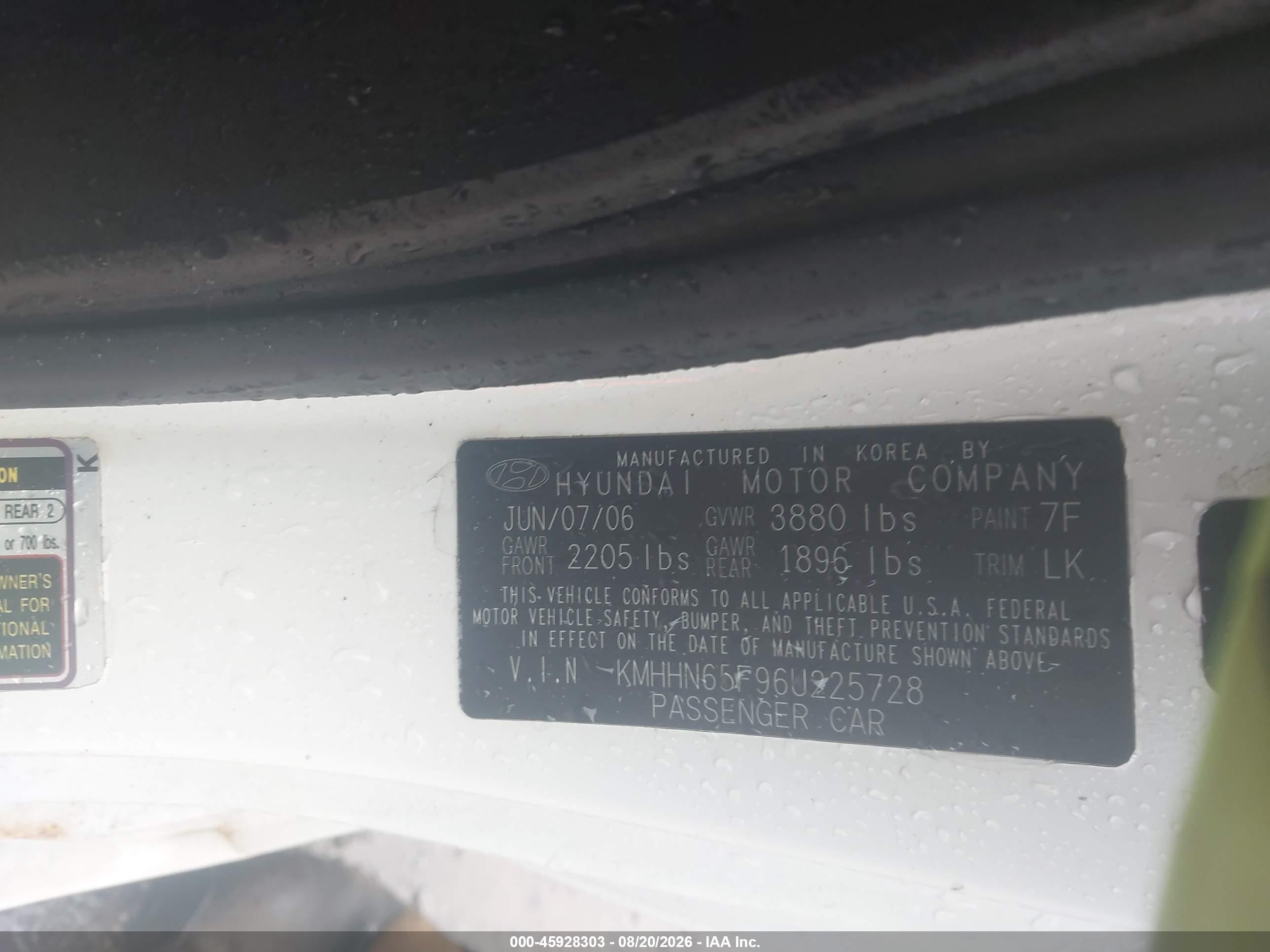 2006 Hyundai Tiburon Gt/gt Limited/se White vin: KMHHN65F96U225728