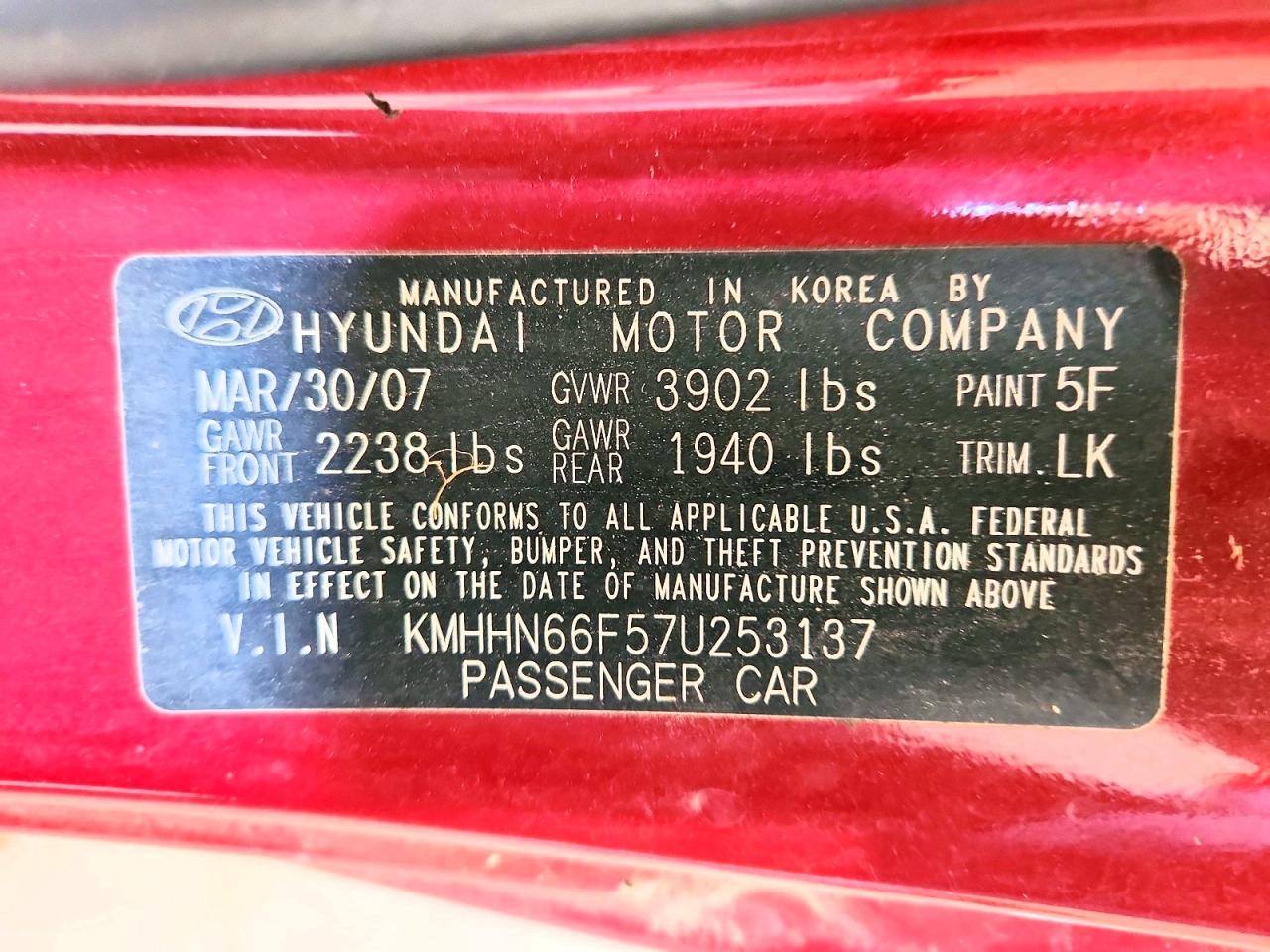 2007 Hyundai Tiburon Gt Red vin: KMHHN66F57U253137