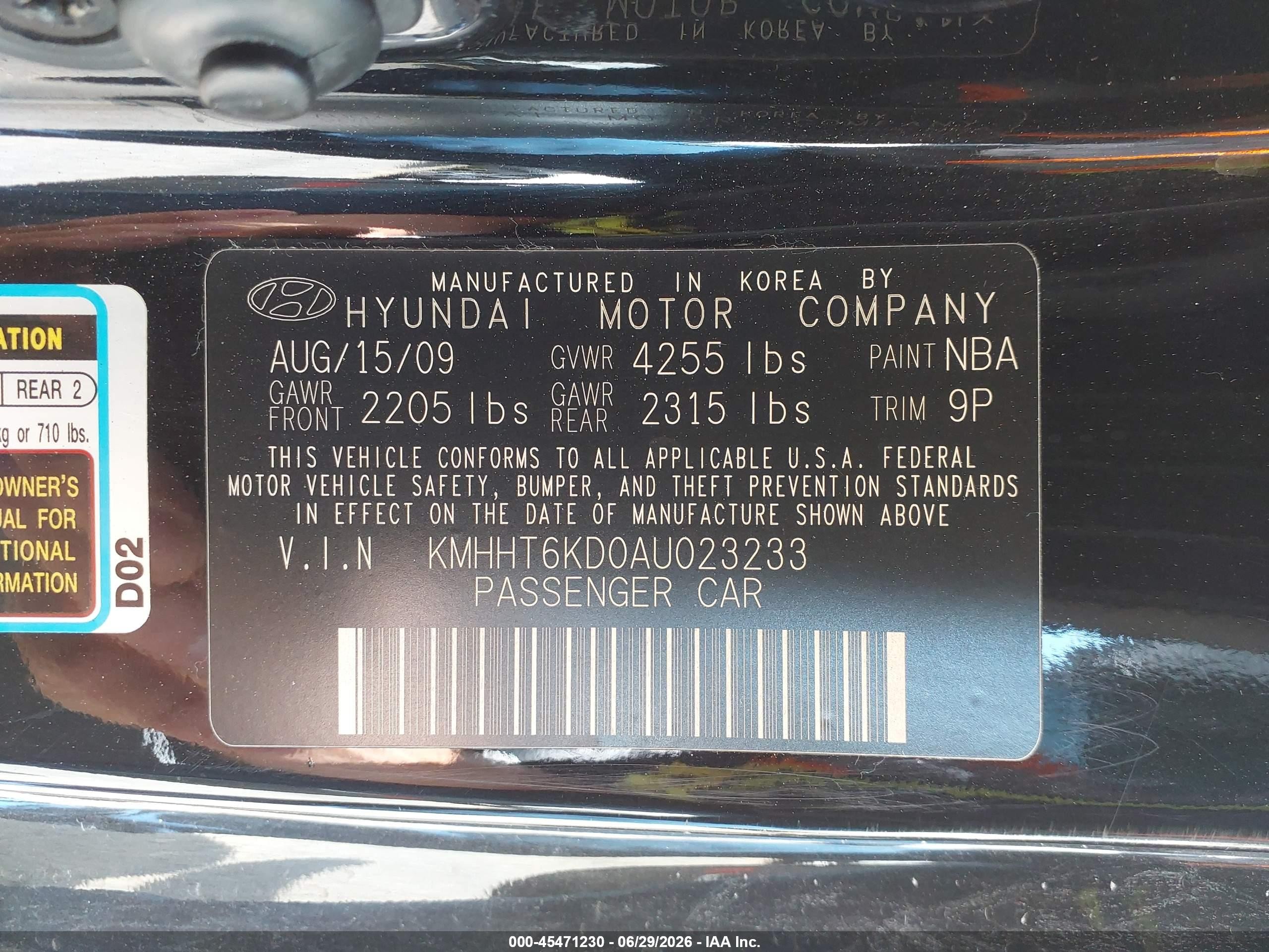 2010 Hyundai Genesis 2.0t Черный vin: KMHHT6KD0AU023233