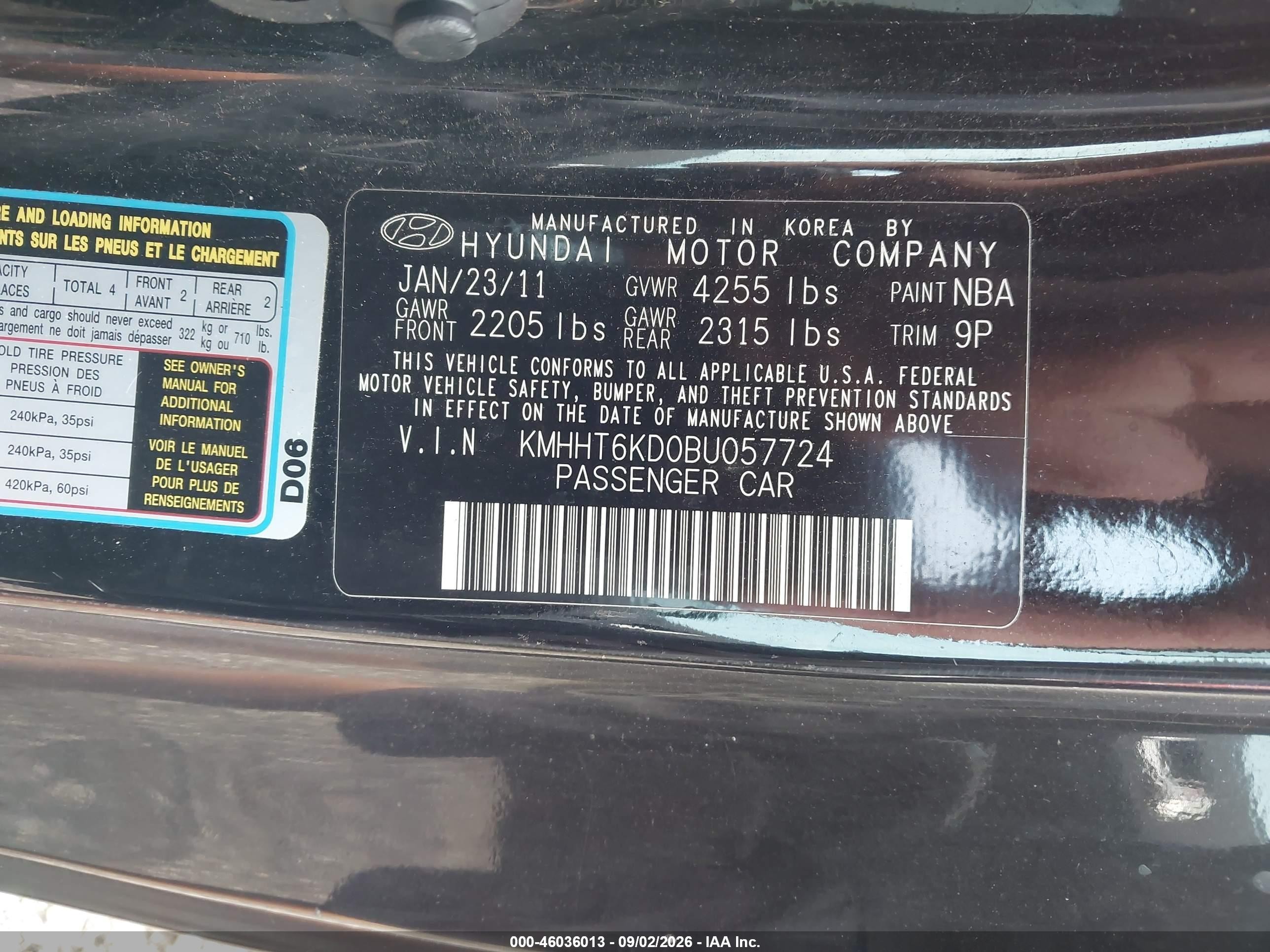 2011 Hyundai Genesis 2.0t Black vin: KMHHT6KD0BU057724