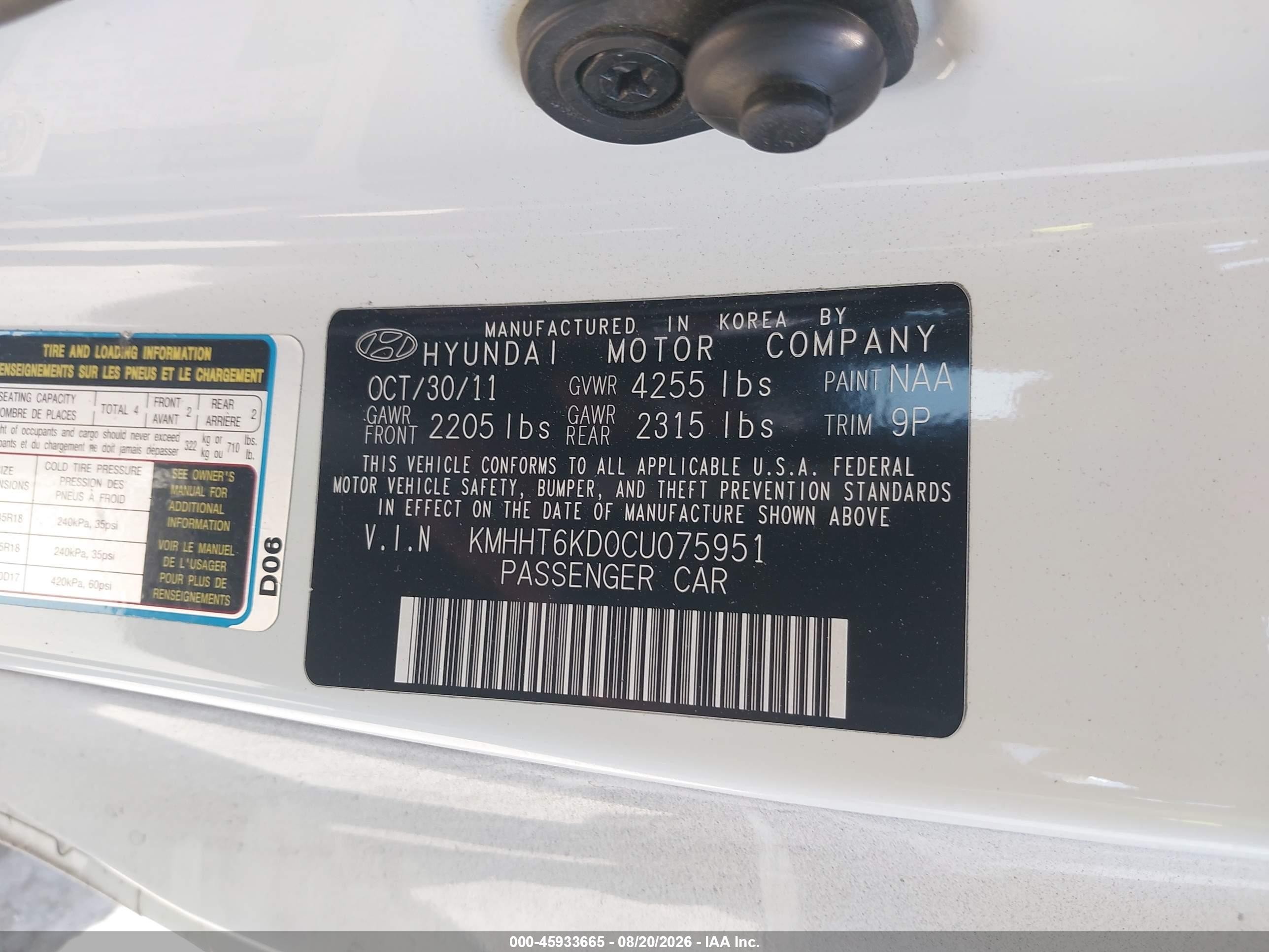 2012 Hyundai Genesis 2.0t White vin: KMHHT6KD0CU075951