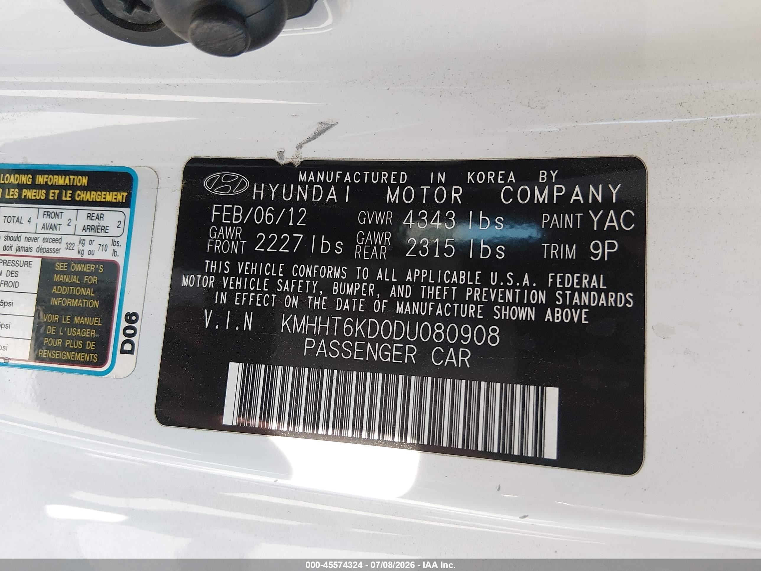 2013 Hyundai Genesis 2.0t Белый vin: KMHHT6KD0DU080908
