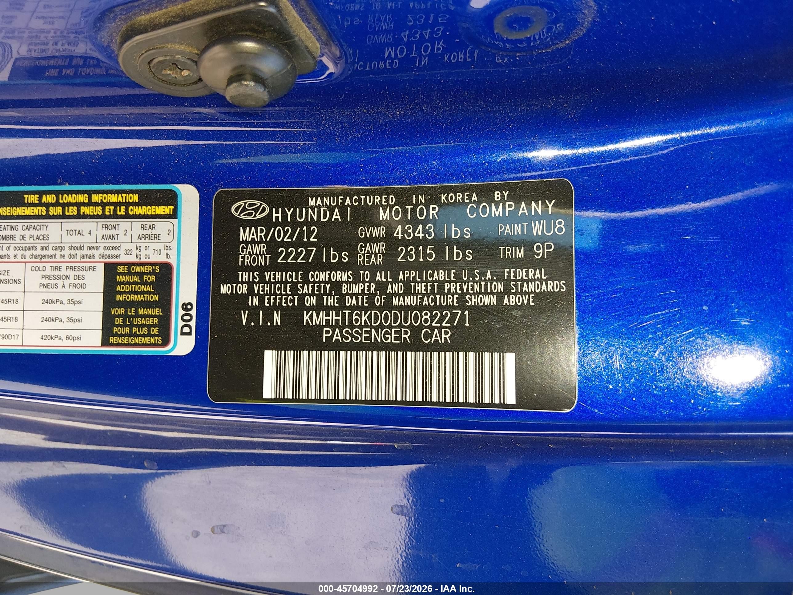 2013 Hyundai Genesis 2.0t Blue vin: KMHHT6KD0DU082271