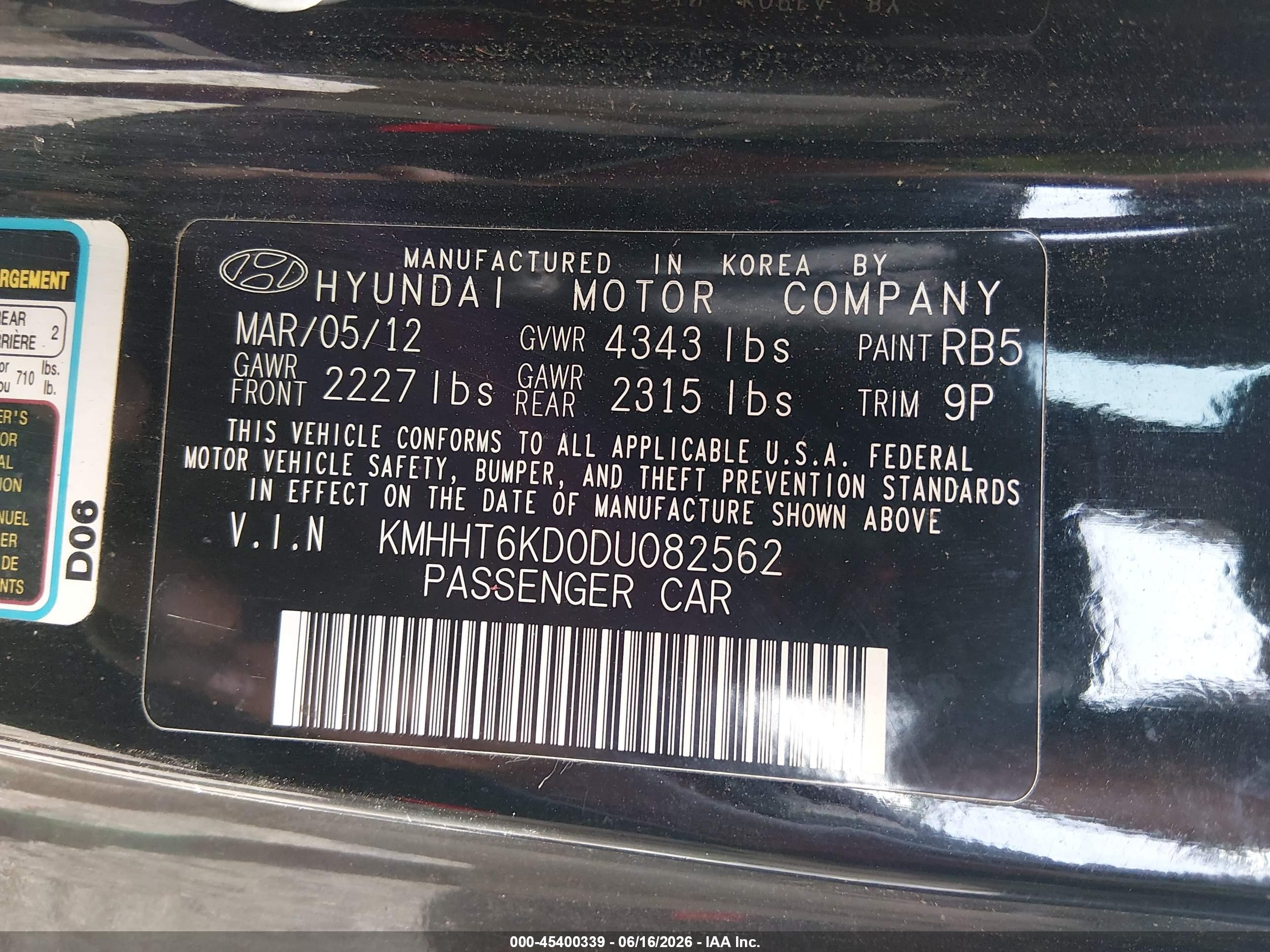 2013 Hyundai Genesis 2.0t Black vin: KMHHT6KD0DU082562