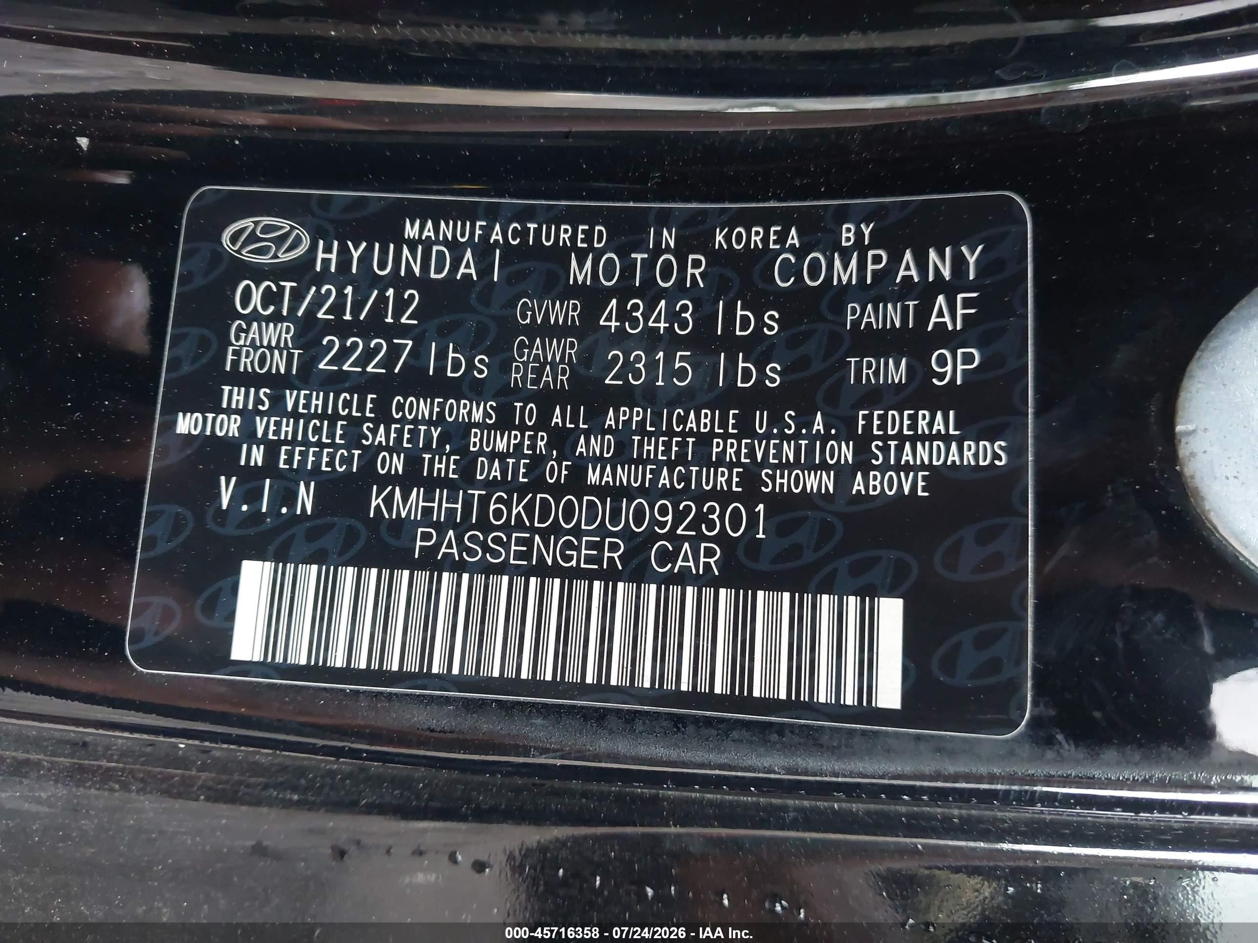 2013 Hyundai Genesis 2.0t Black vin: KMHHT6KD0DU092301