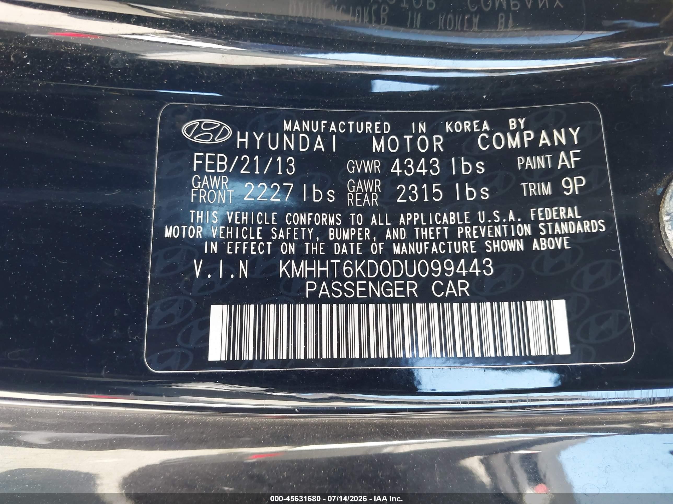 2013 Hyundai Genesis 2.0t Premium Black vin: KMHHT6KD0DU099443