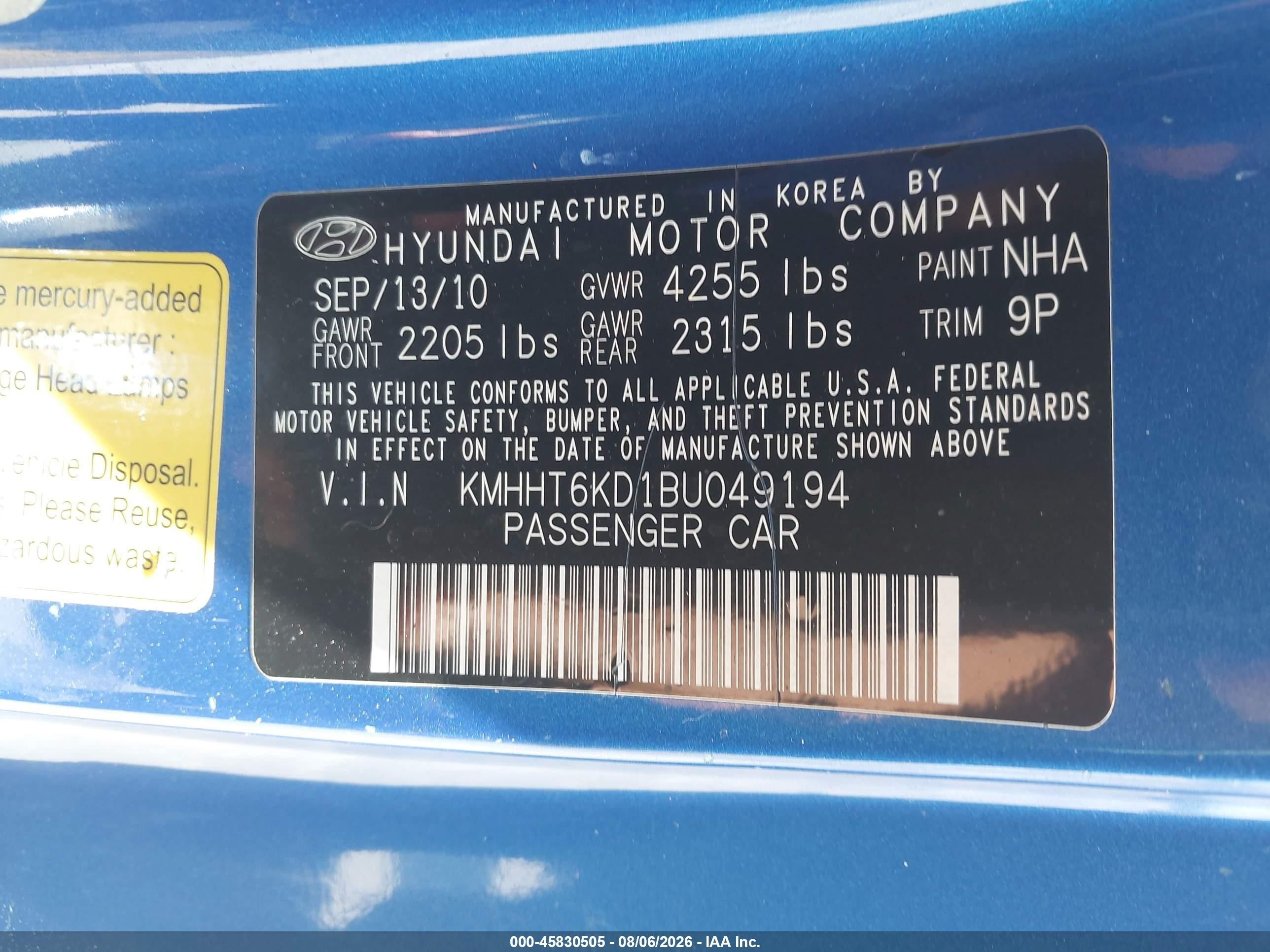 2011 Hyundai Genesis 2.0t Premium Blue vin: KMHHT6KD1BU049194
