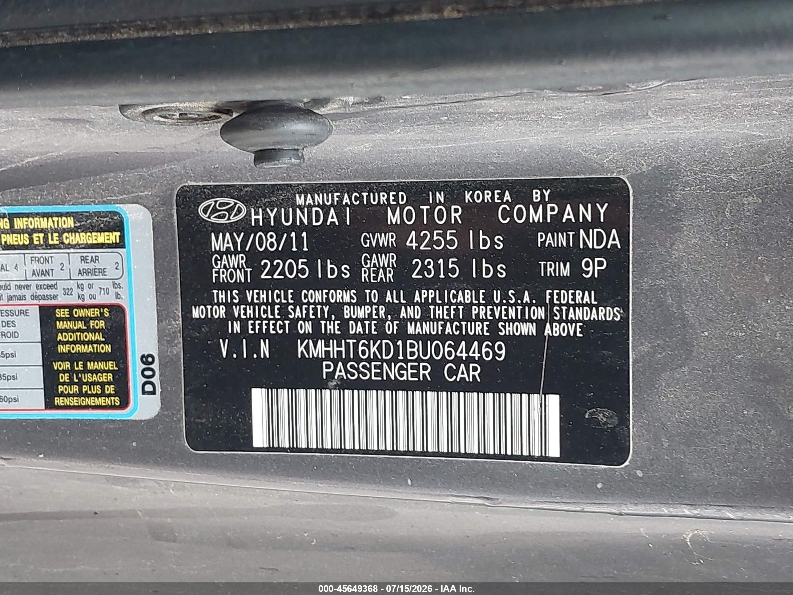 2011 Hyundai Genesis 2.0t Gray vin: KMHHT6KD1BU064469