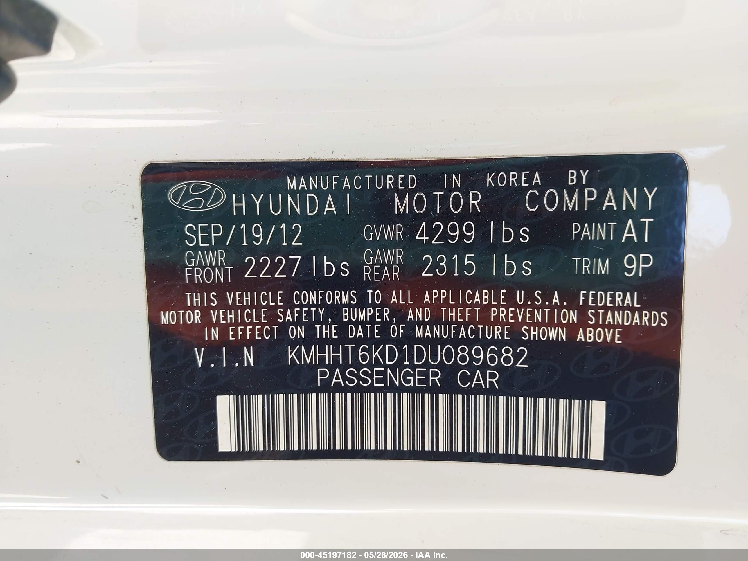 2013 Hyundai Genesis 2.0t White vin: KMHHT6KD1DU089682