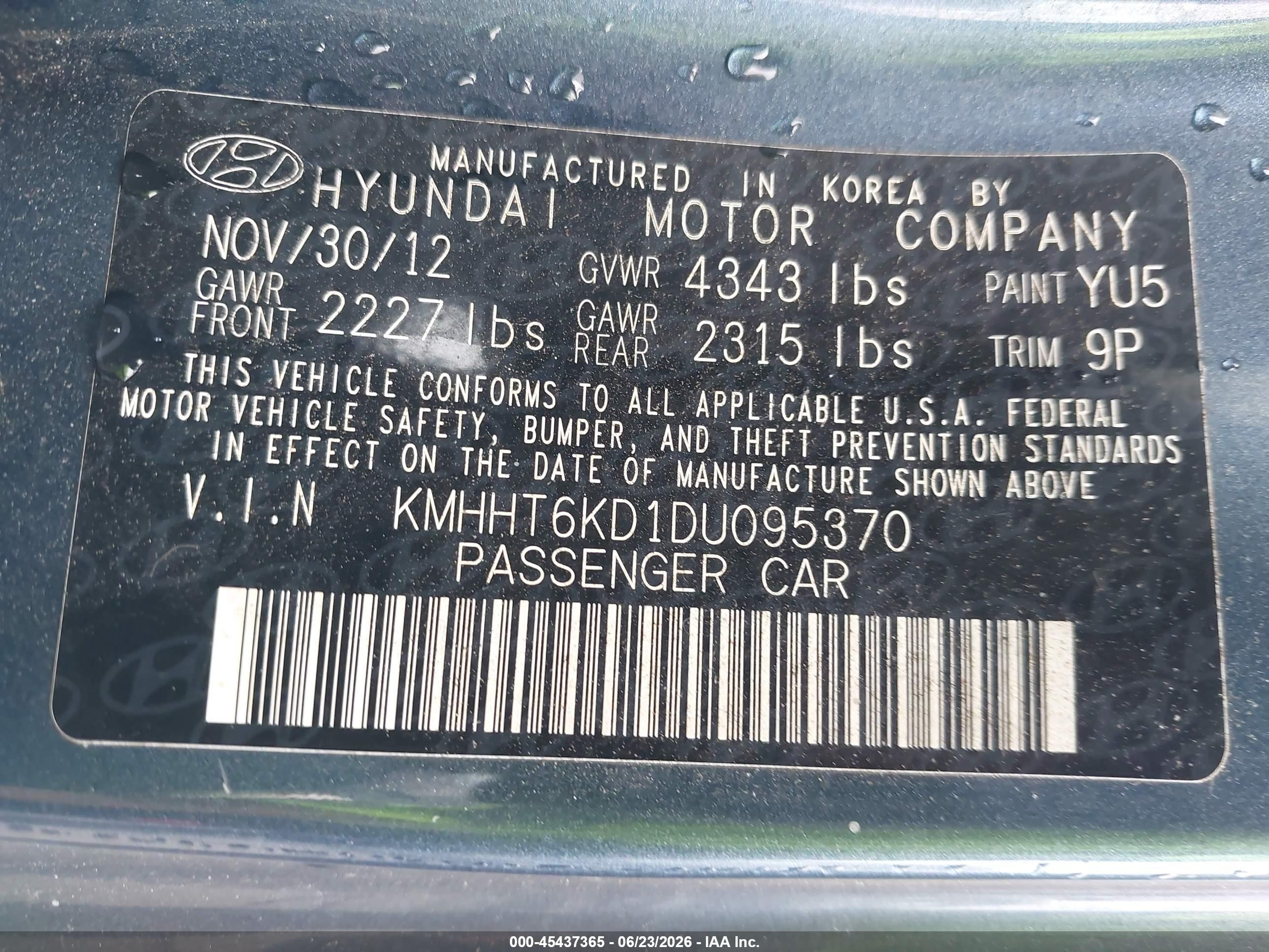 2013 Hyundai Genesis 2.0t Premium Blue vin: KMHHT6KD1DU095370