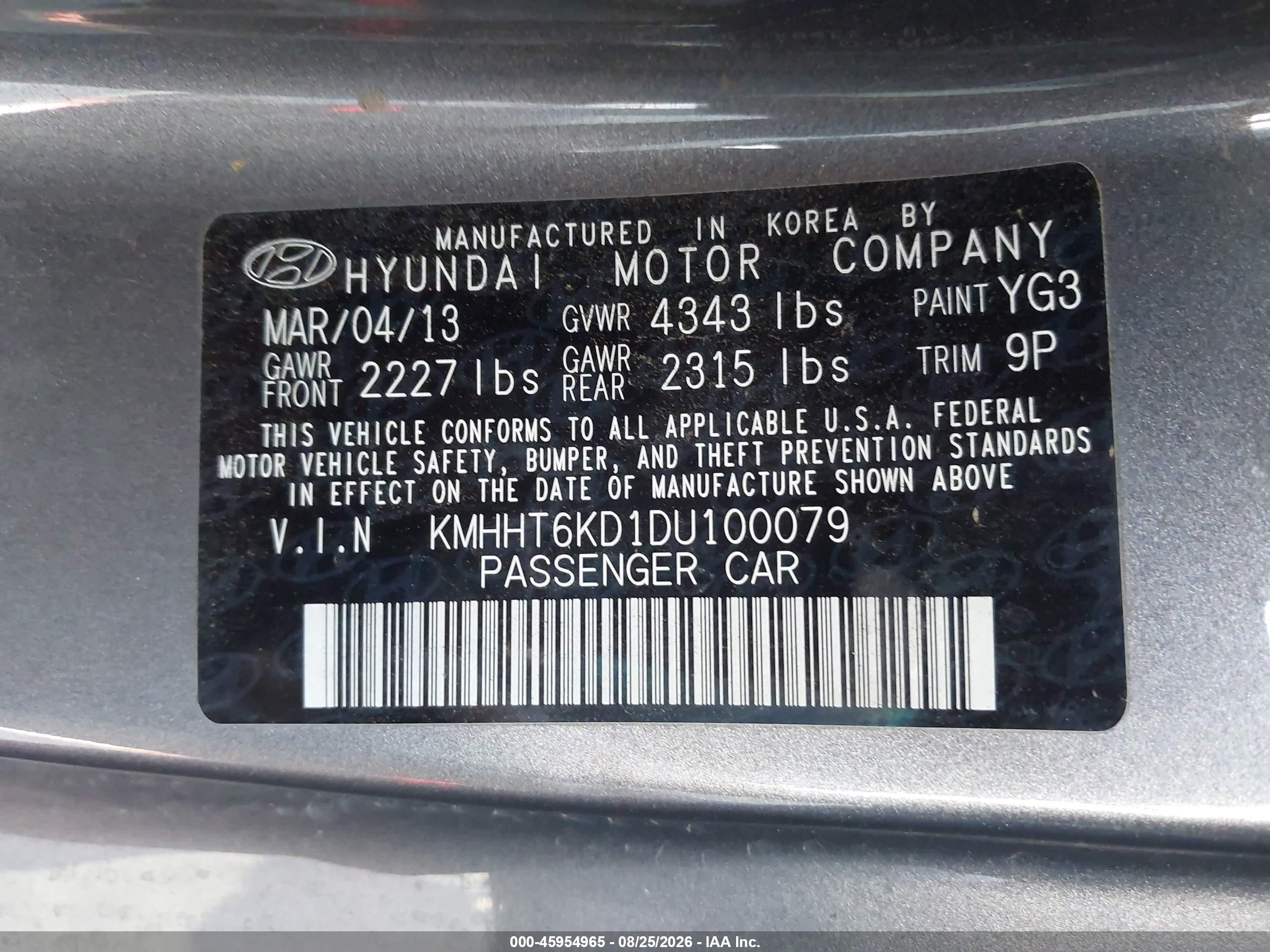 2013 Hyundai Genesis 2.0t Premium Gray vin: KMHHT6KD1DU100079