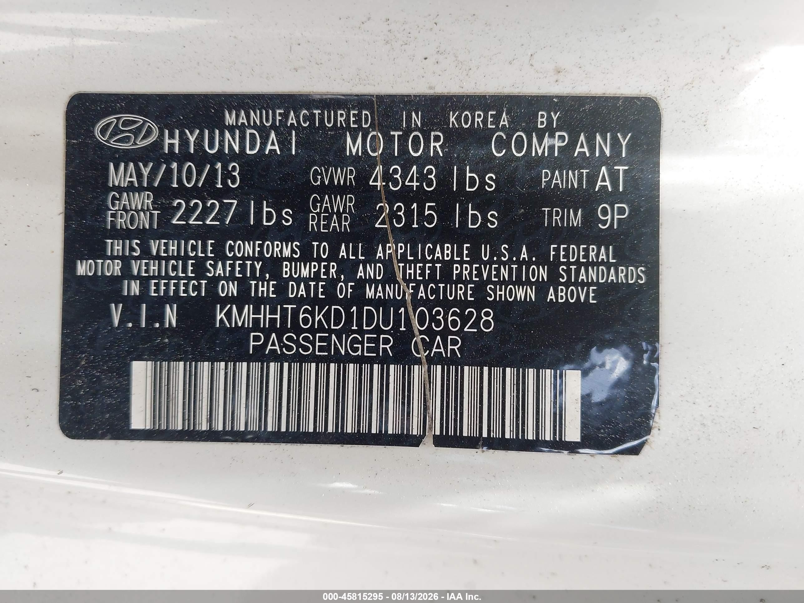 2013 Hyundai Genesis 2.0t Premium White vin: KMHHT6KD1DU103628