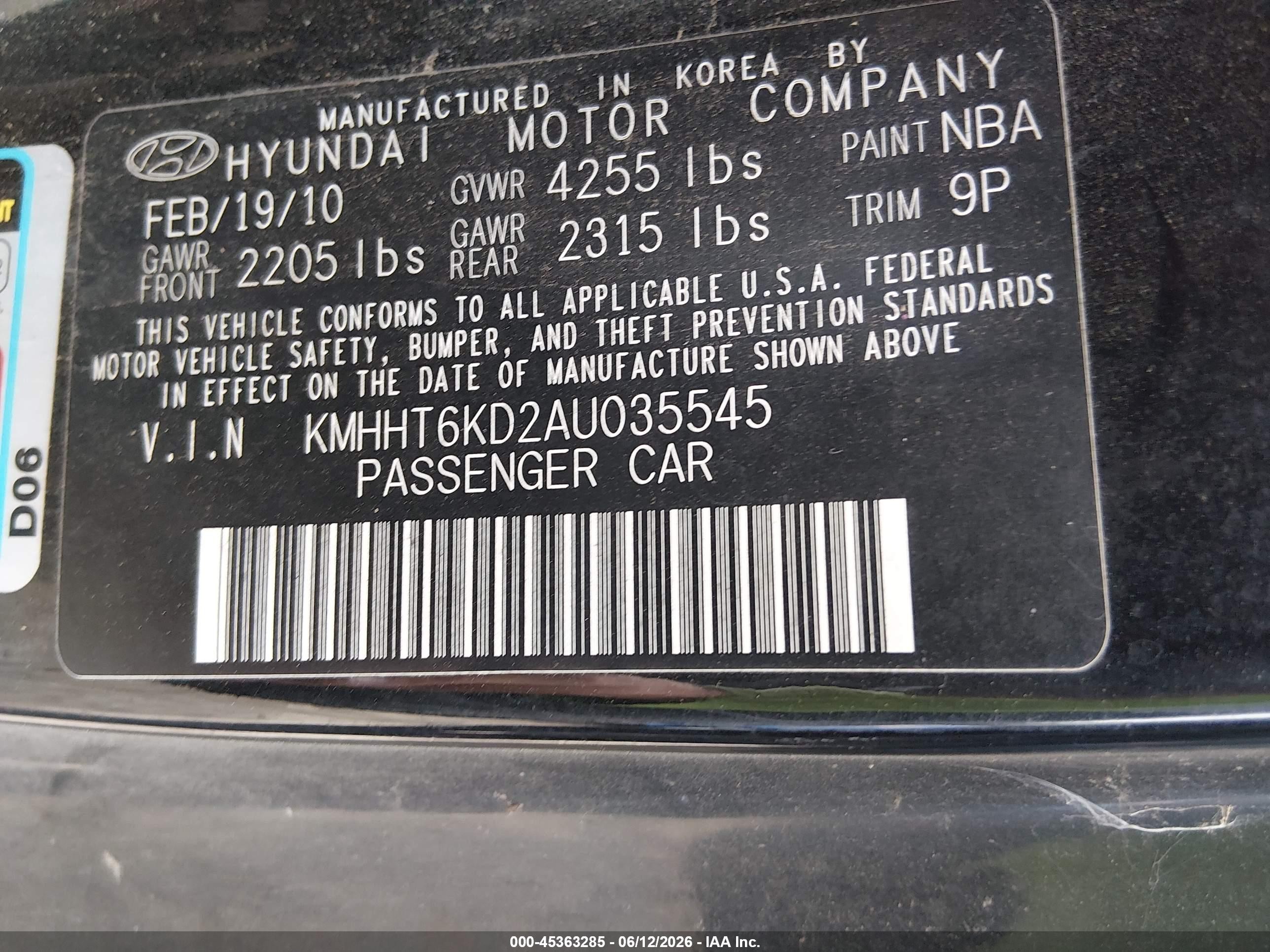 2010 Hyundai Genesis 2.0t Black vin: KMHHT6KD2AU035545