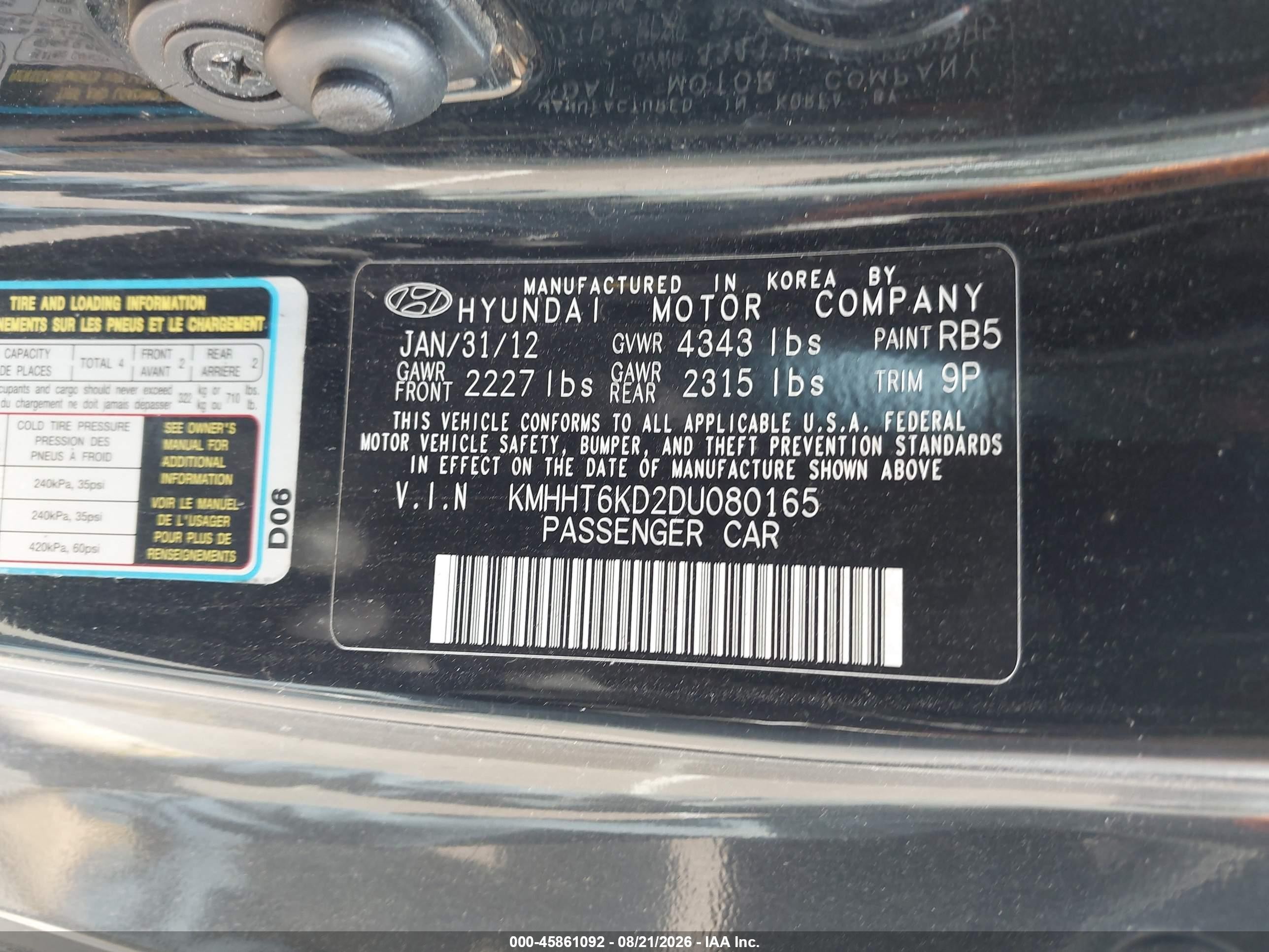 2013 Hyundai Genesis 2.0t Черный vin: KMHHT6KD2DU080165
