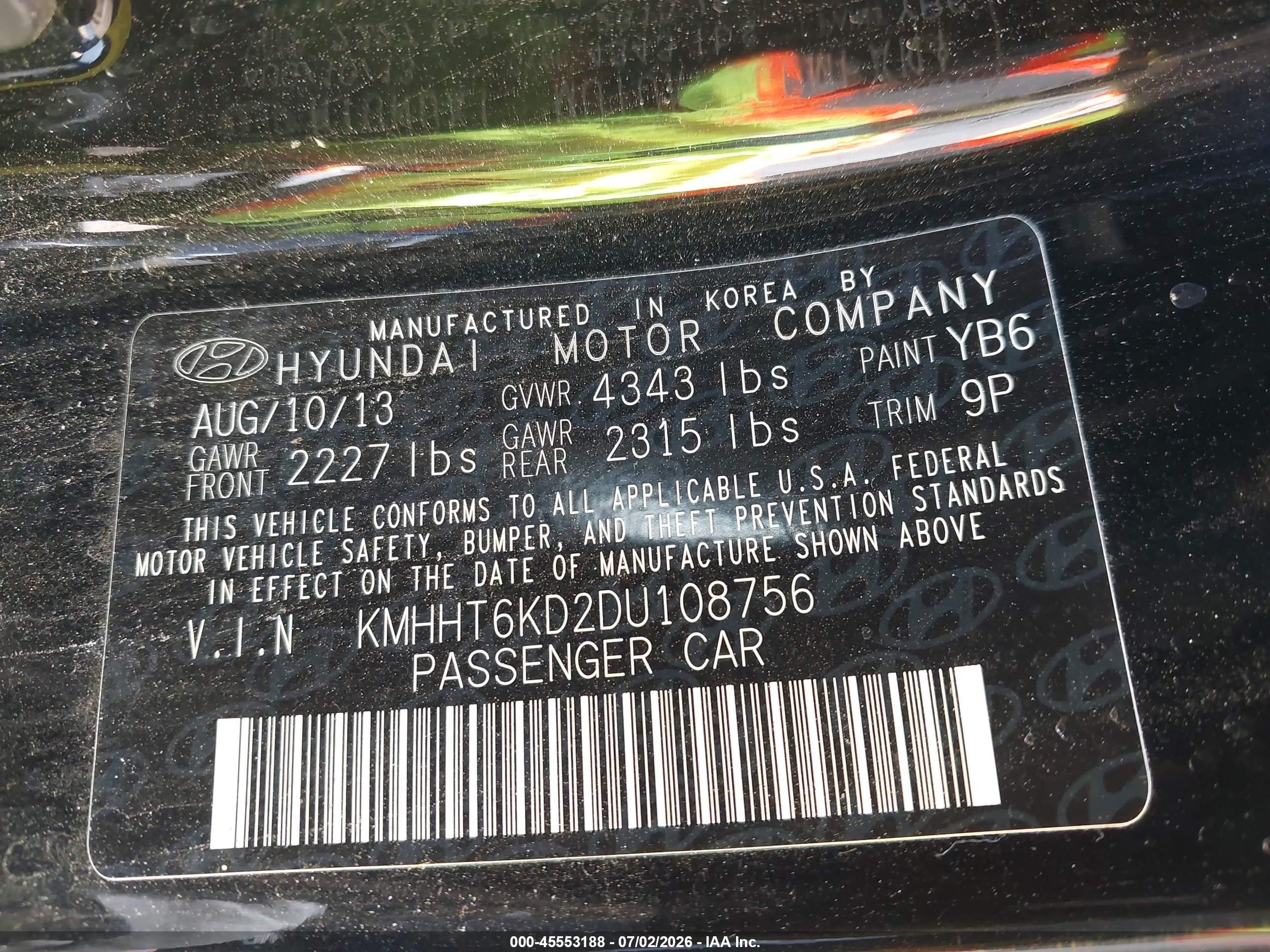 2013 Hyundai Genesis 2.0t Черный vin: KMHHT6KD2DU108756