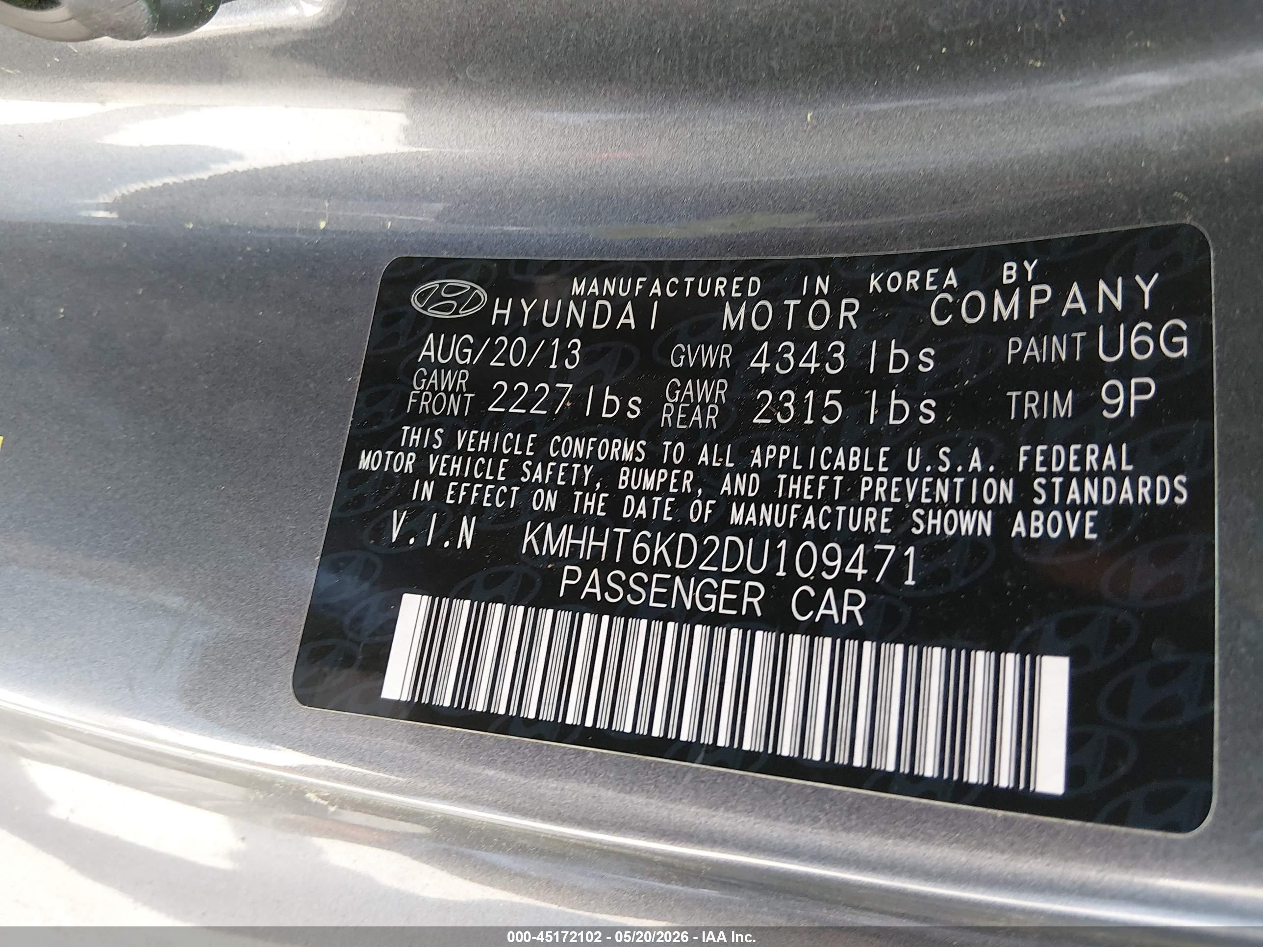 2013 Hyundai Genesis 2.0t Premium Gray vin: KMHHT6KD2DU109471