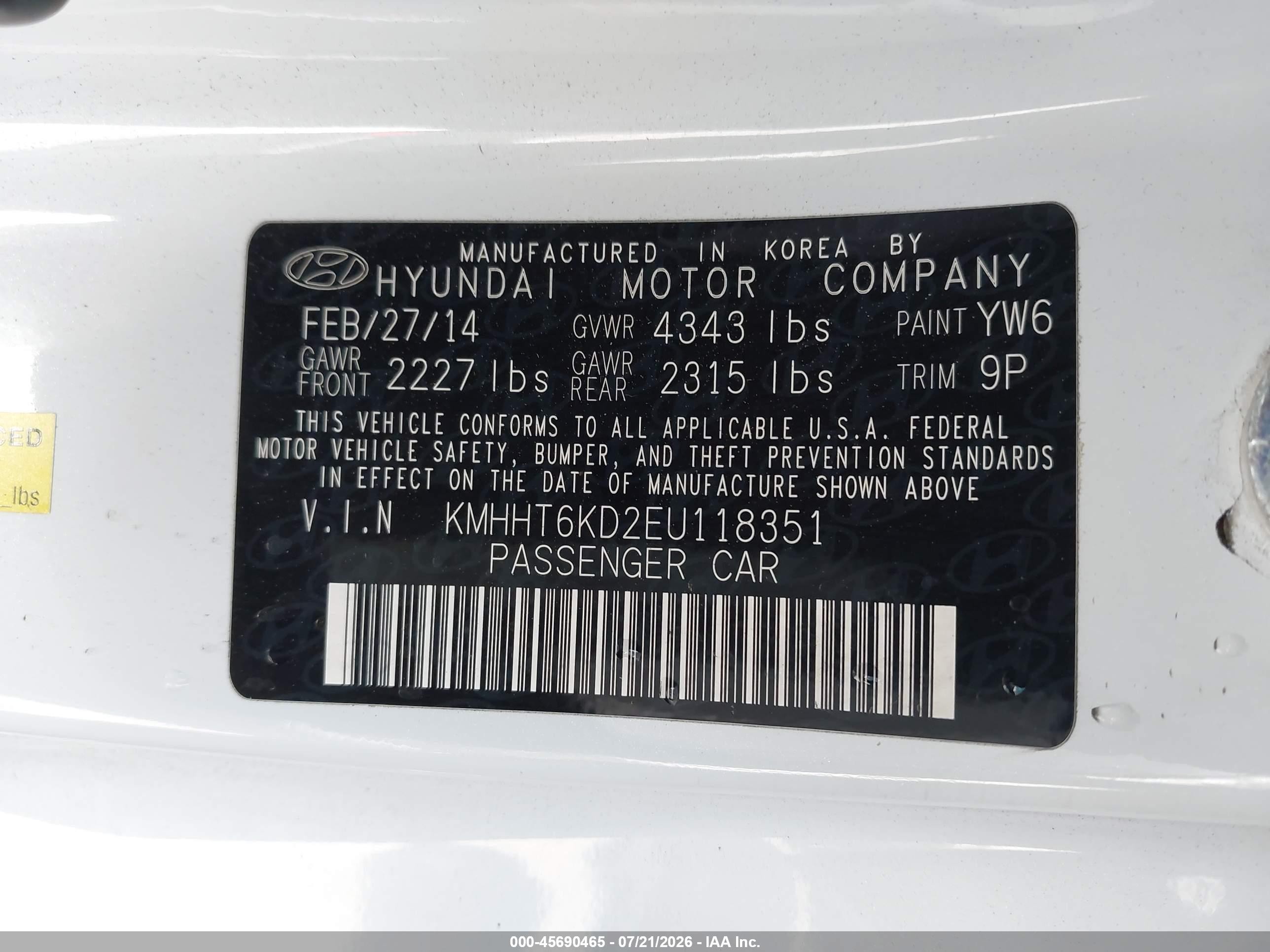 2014 Hyundai Genesis 2.0t Premium White vin: KMHHT6KD2EU118351