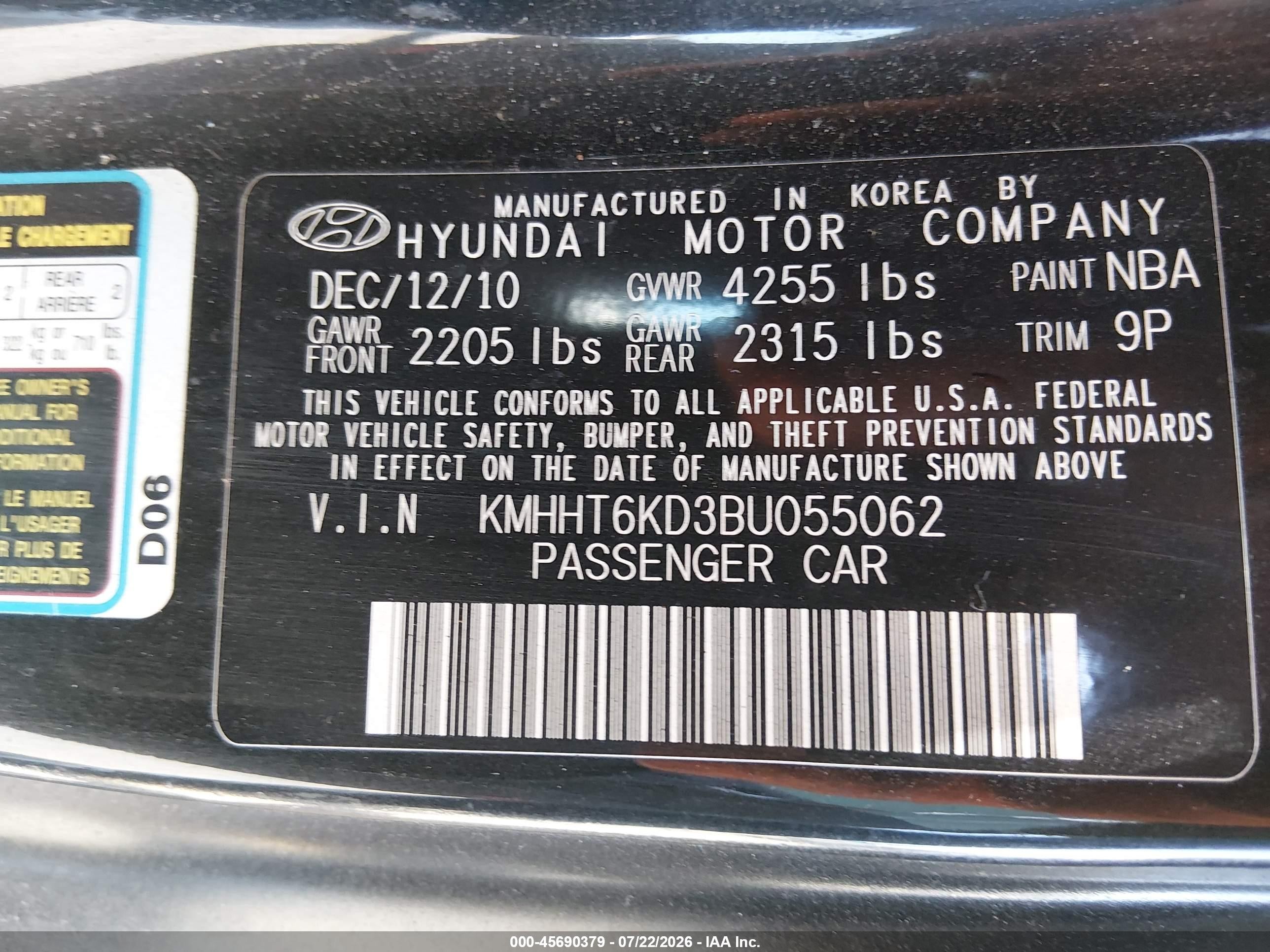 2011 Hyundai Genesis 2.0t Black vin: KMHHT6KD3BU055062