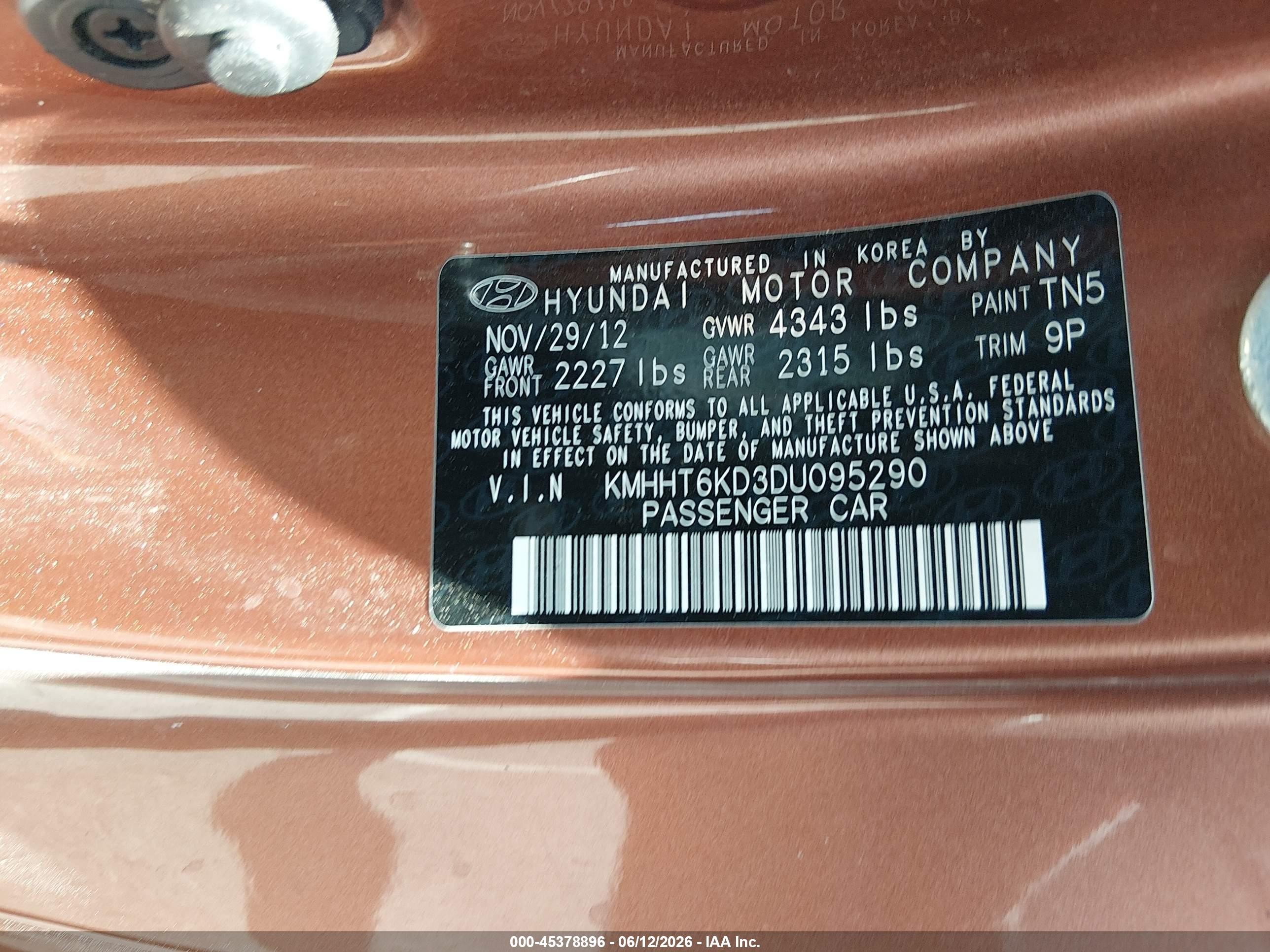 2013 Hyundai Genesis 2.0t Premium Orange vin: KMHHT6KD3DU095290